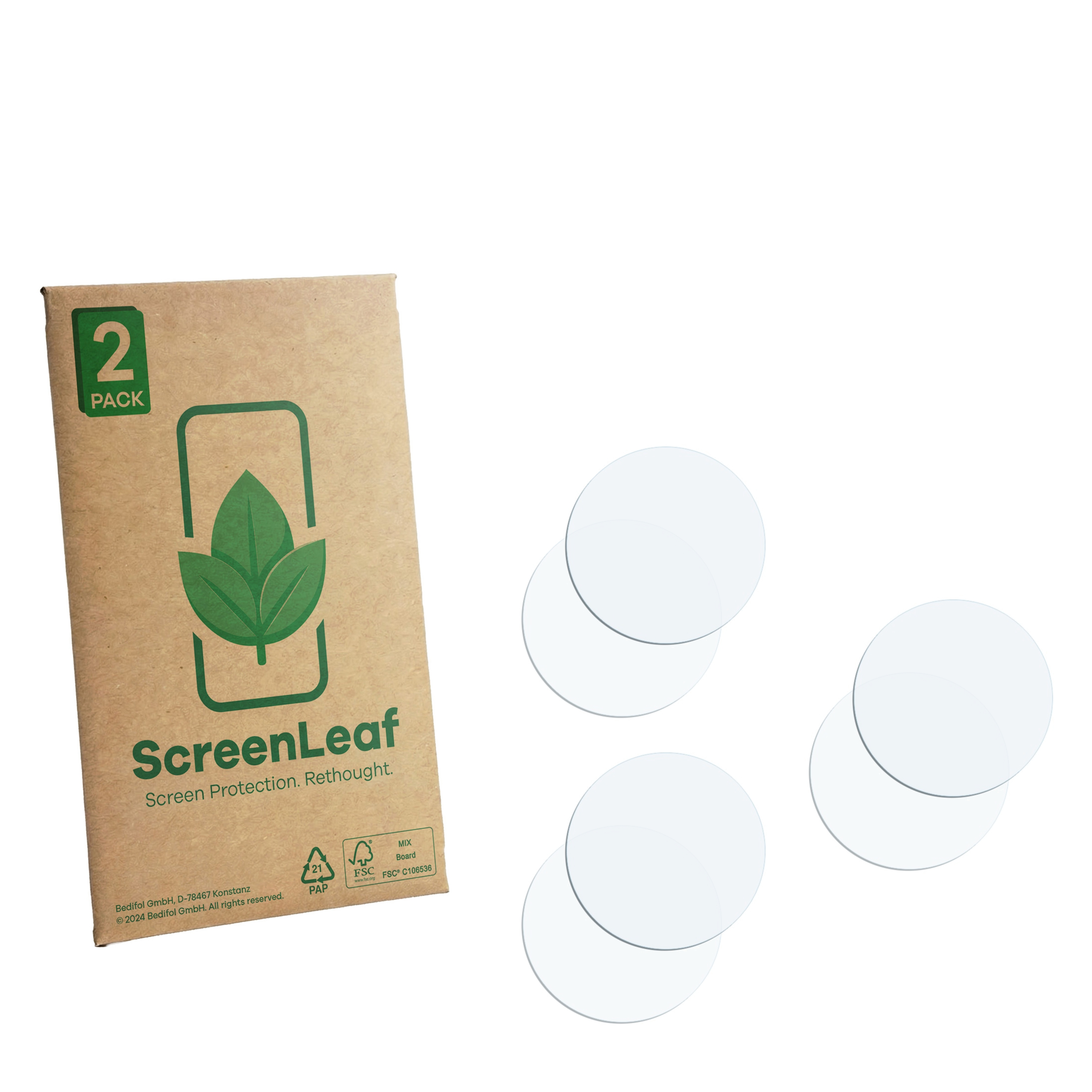 Eine Packung mit zwei runden, transparenten Displayschutzfolien neben einer braunen Verpackung.