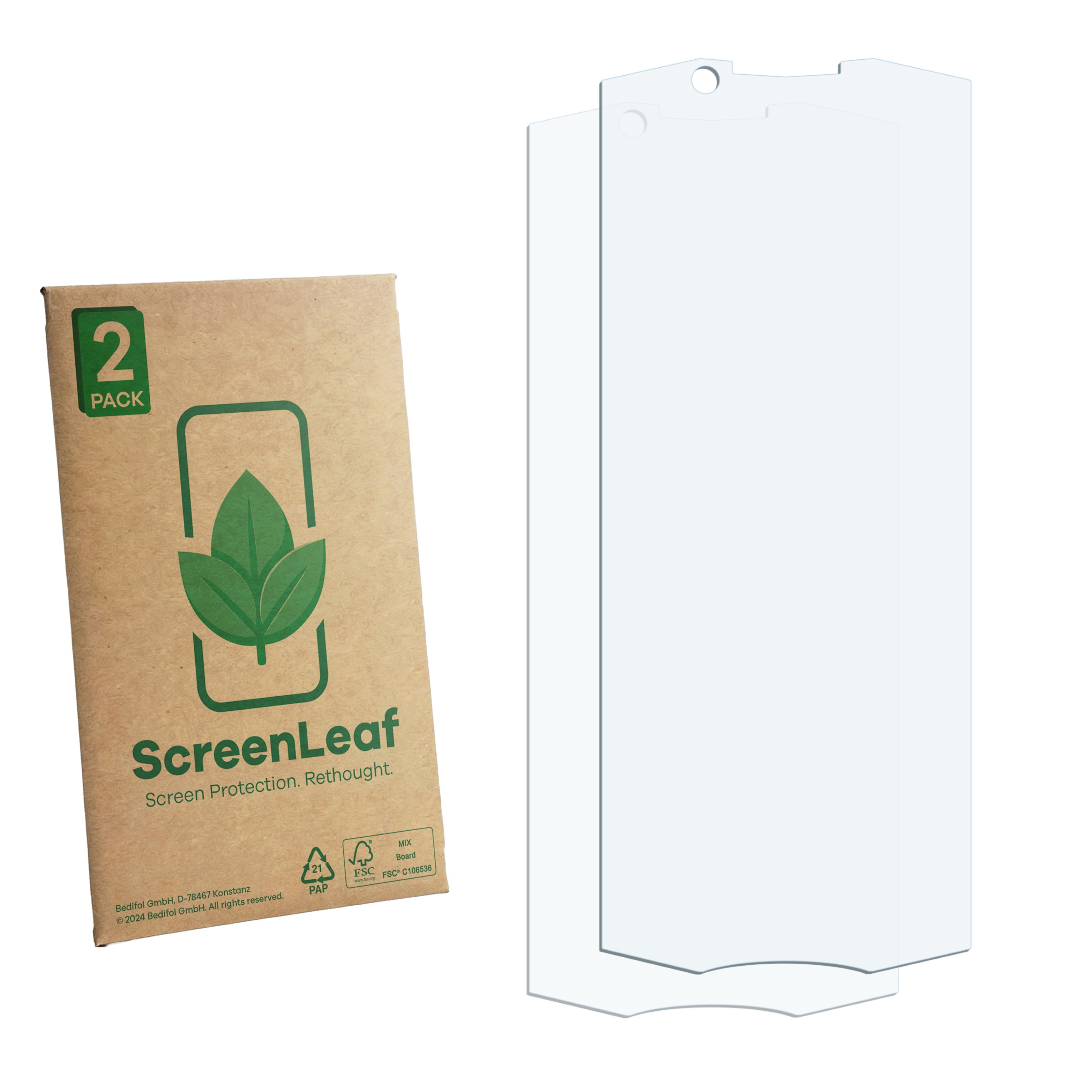 Eine Packung mit zwei Displayschutzfolien und einer braunen Pappverpackung mit Logo.