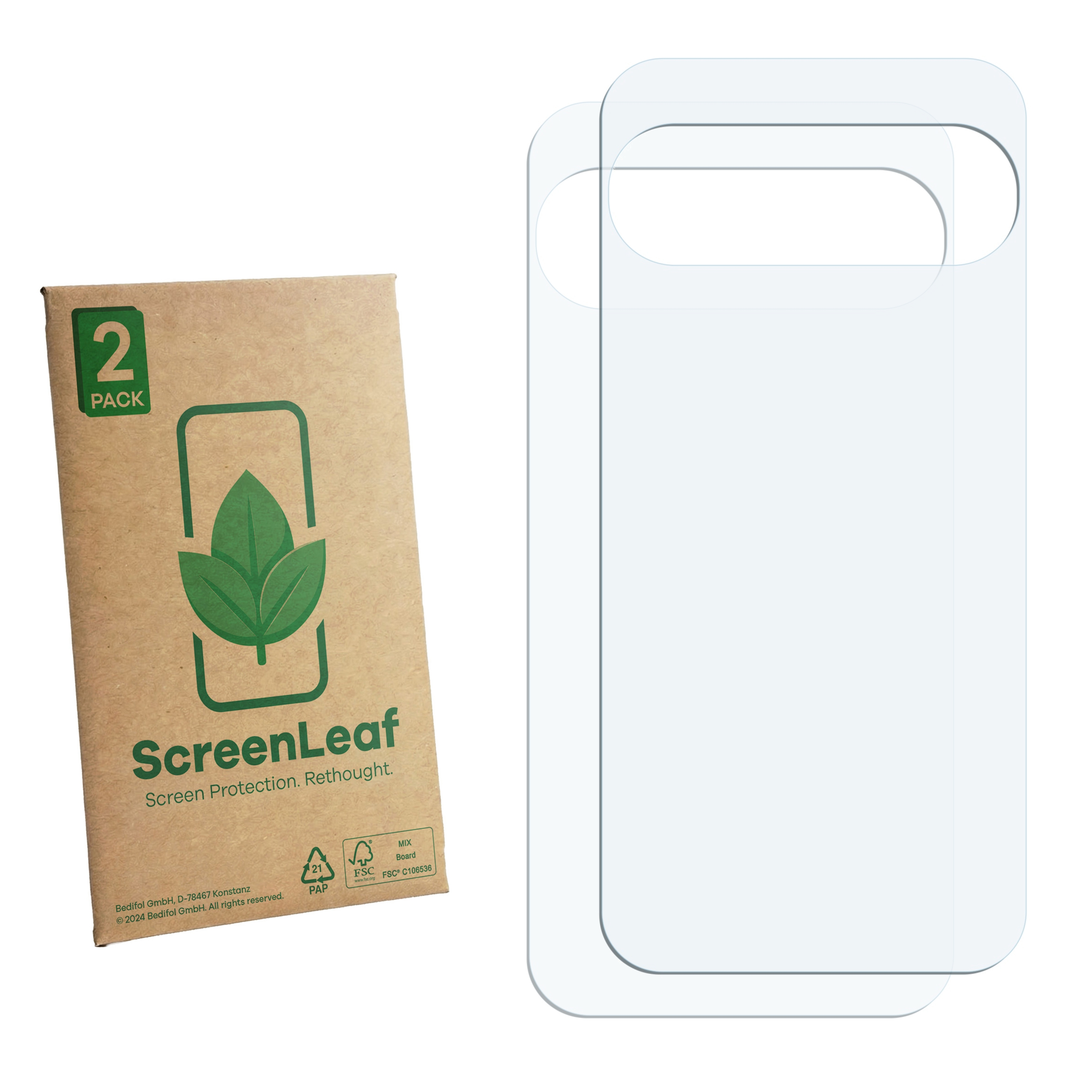Zwei transparente Displayschutzfolien und eine braune Verpackung mit 