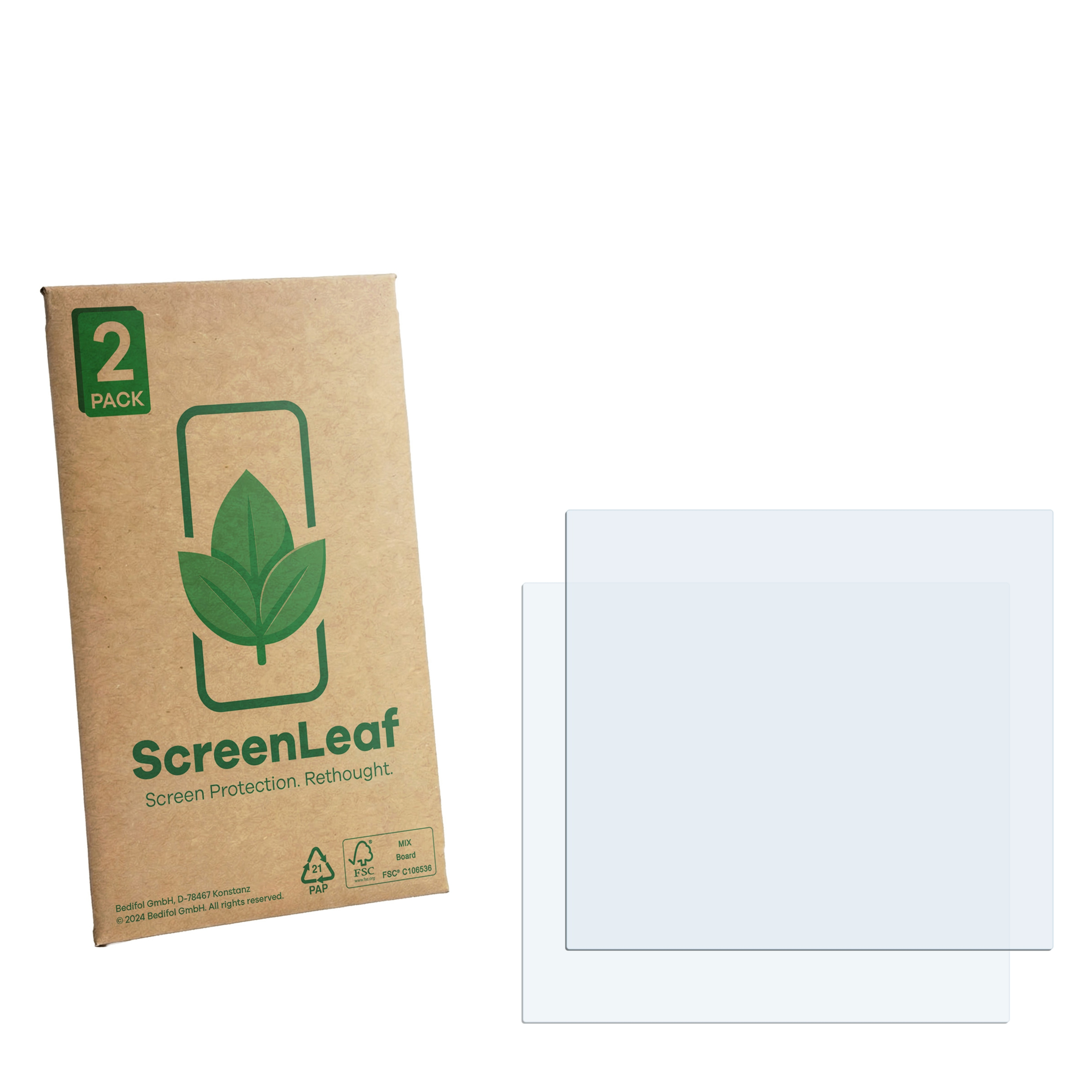 Ein Paket mit zwei Displayschutzfolien liegt neben zwei transparenten Schutzfolien.
