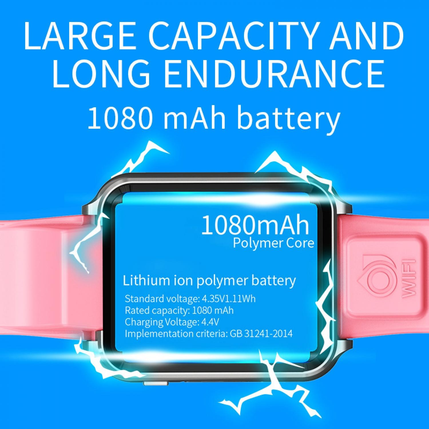 Pink Smartwatch mit 1080mAh Akku und Anzeige der Details.