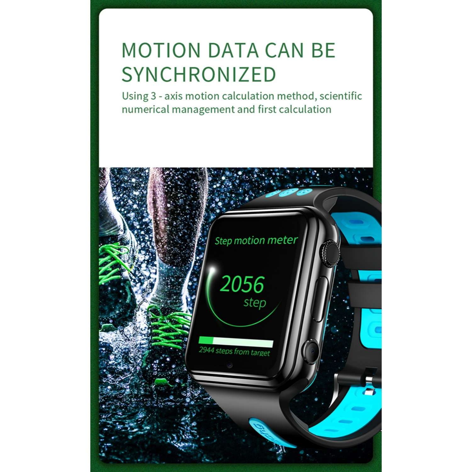 Schwarze Smartwatch mit blauem Armband zeigt 2056 Schritte an.