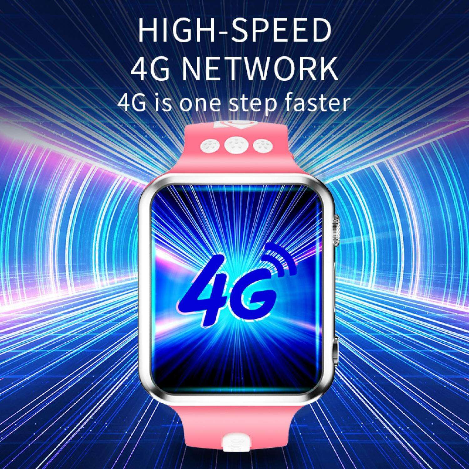 Ein rosa Smartwatch mit 4G-Logo auf dem Bildschirm, vor einem blauen Lichtstrahlenhintergrund.
