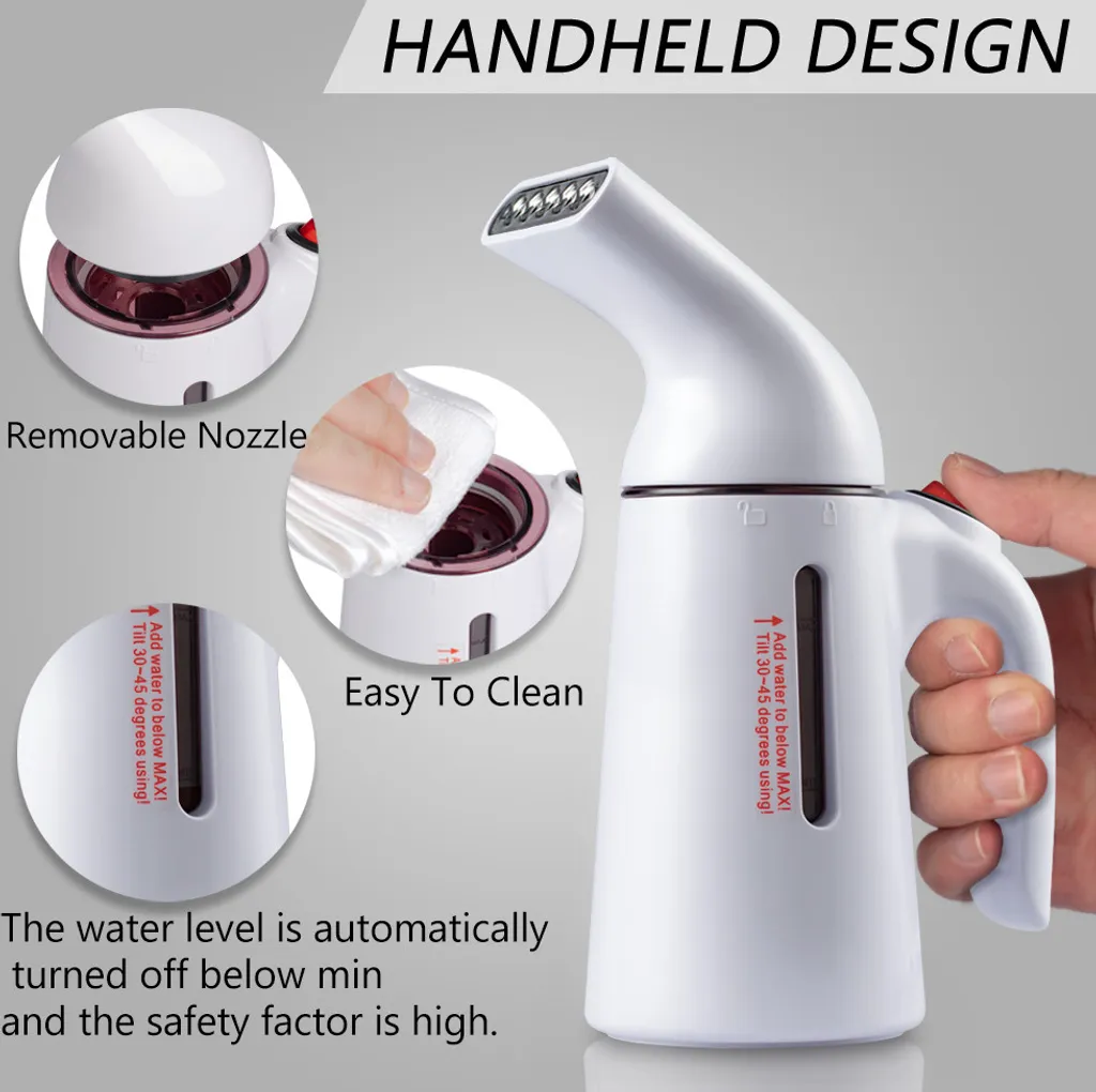 Ein weißer Handdampfer mit abnehmbarer Düse und Wasserstandsanzeige.