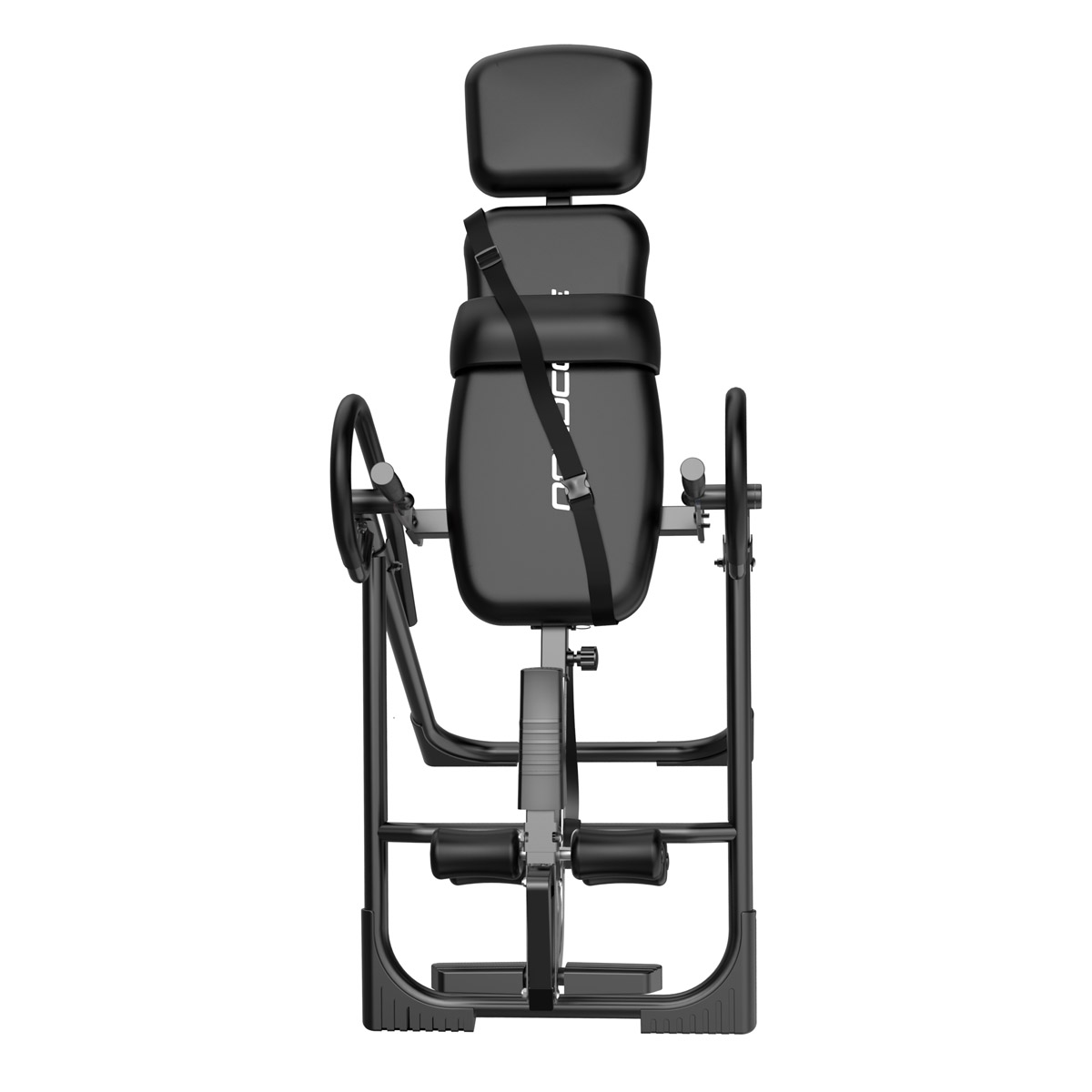 Ein schwarzes Hometrainer-Gerät mit gepolstertem Sitz, Kopfstütze und Sicherheitsgurt.