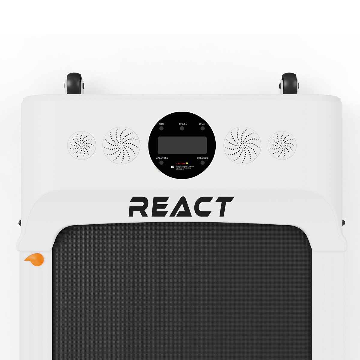 Weiße Laufbandkonsole mit Digitalanzeige, Lautsprechern und dem Wort REACT.