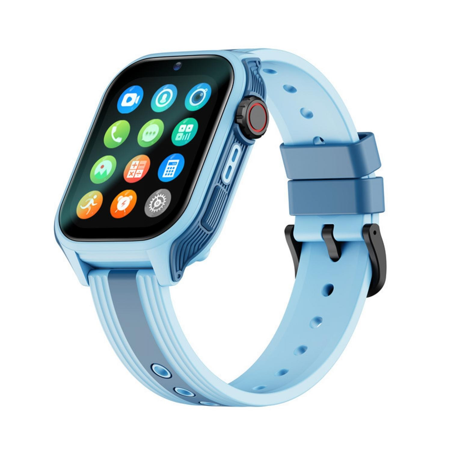Blaue Smartwatch mit farbigen App-Symbolen auf dem Bildschirm und gummiertem Armband.