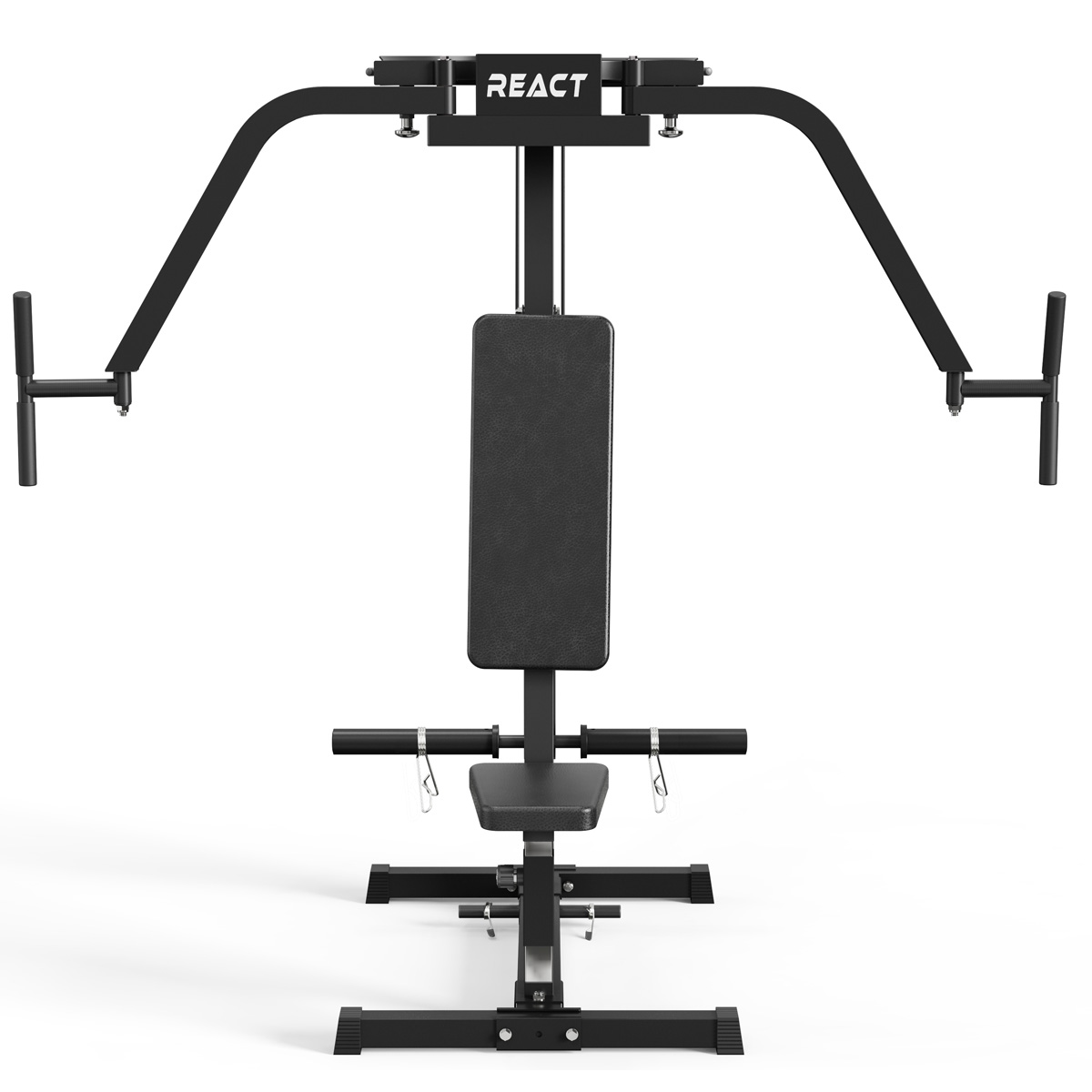 Ein schwarzes Fitnessgerät mit Sitzbank und Armpolstern, Marke 'REACT'.