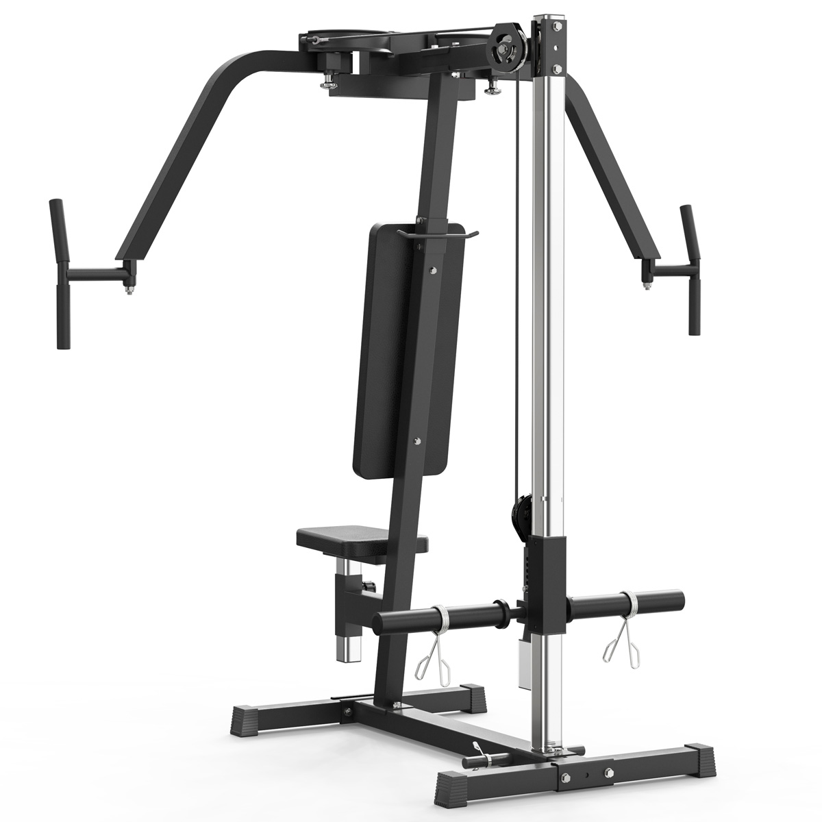 Ein schwarzes Fitnessgerät mit Sitz und verstellbaren Griffen, auf weißem Hintergrund.