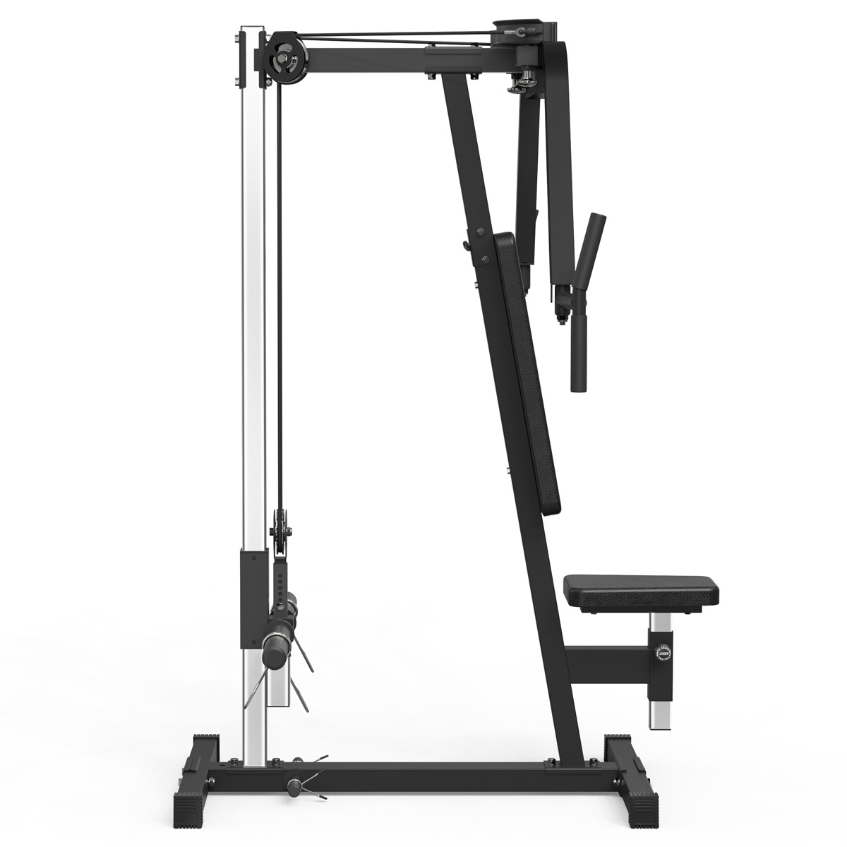 Ein schwarzes Fitnessgerät mit Kabelzug, Sitz und verstellbaren Griffen.