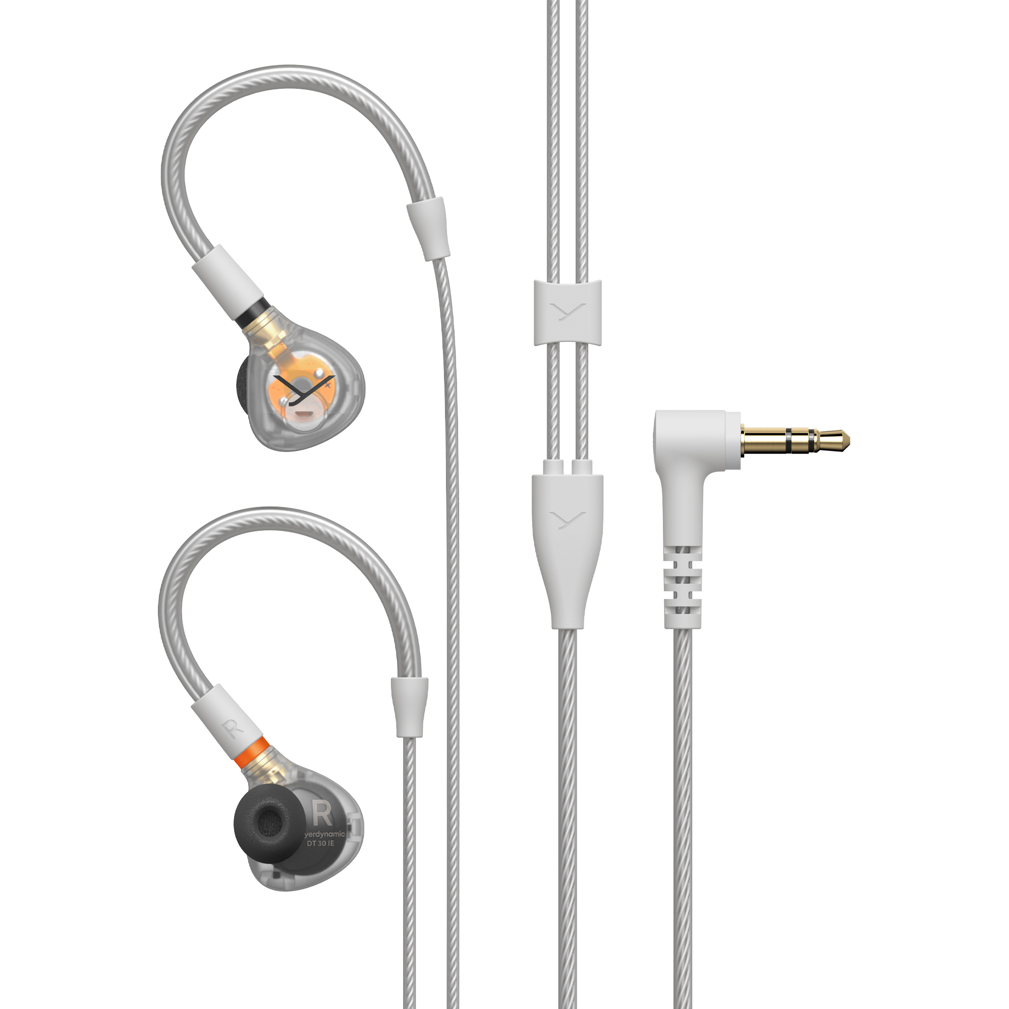 Zwei transparente In-Ear-Kopfhörer mit silbernen Kabeln und einem 3,5-mm-Stecker.