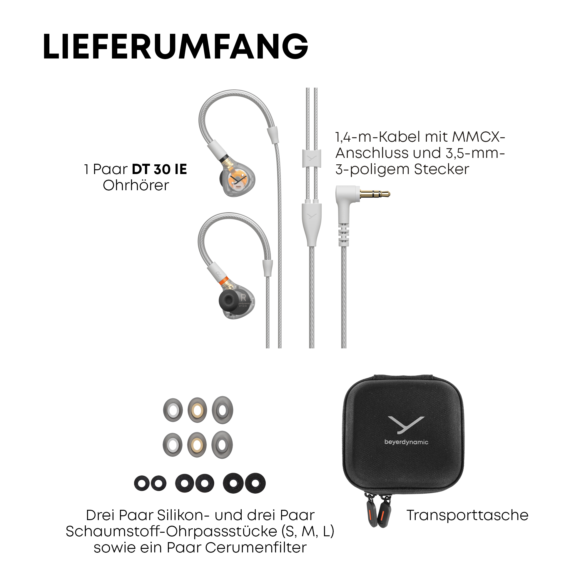 Lieferumfang: Ohrhörer, Kabel, Stecker, Ohrpassstücke und Transporttasche.