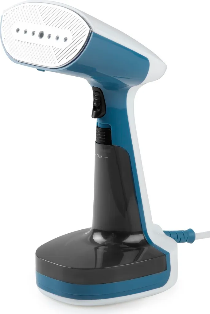 Ein blauer und weißer Handdampfglätter mit schwarzem Wassertank und Netzkabel.