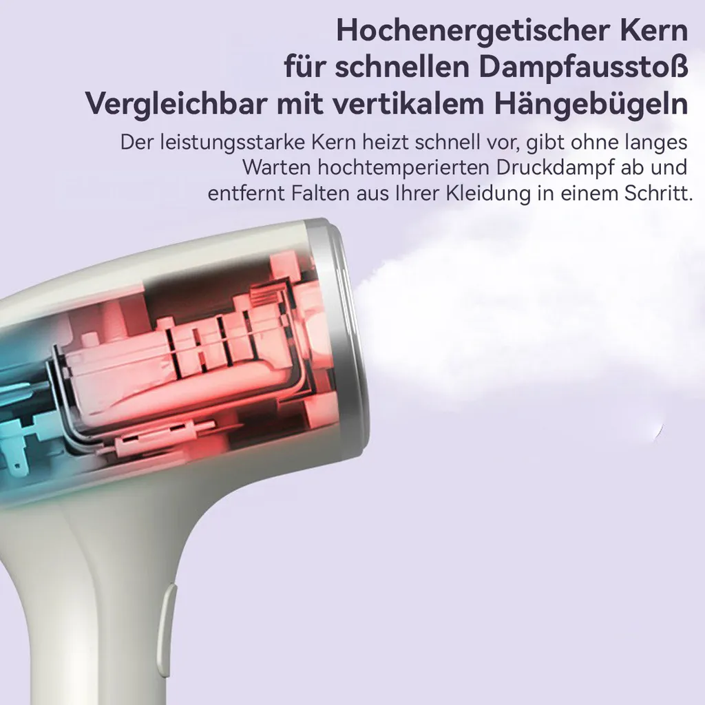 Ein Dampfglätter-Inneres mit roter und blauer Hitze zeigt einen starken Kern, der Dampf abgibt.