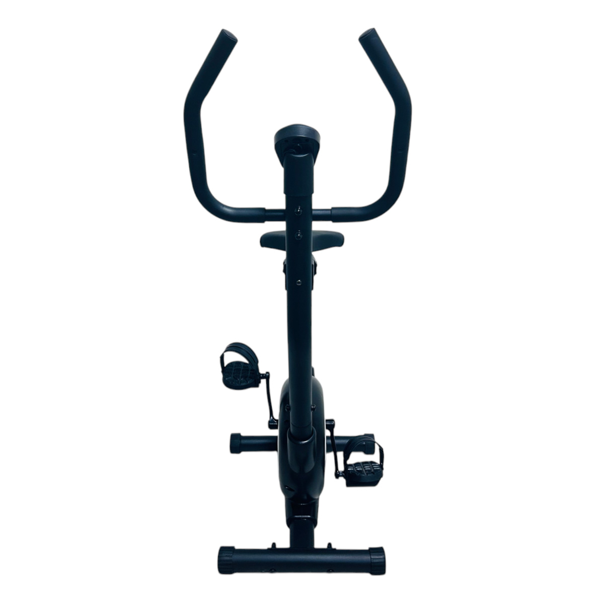 Ein schwarzes Heimtrainer-Fahrrad mit Lenker, Sattel, Pedalen und Basis.