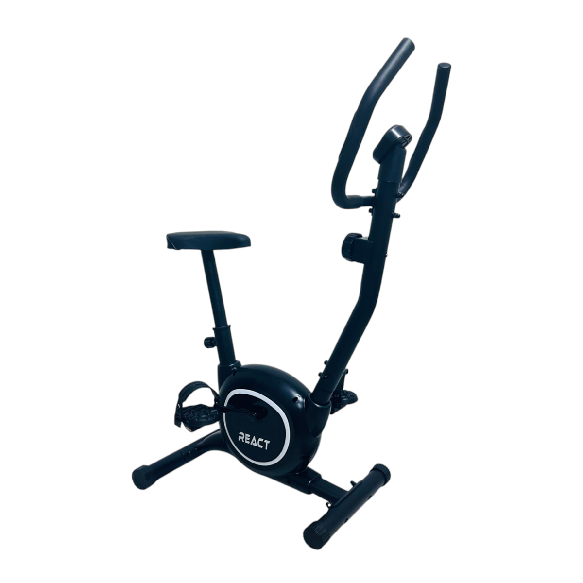 Ein schwarzes stationäres Fahrrad mit Sitz, Lenker und Pedalen.