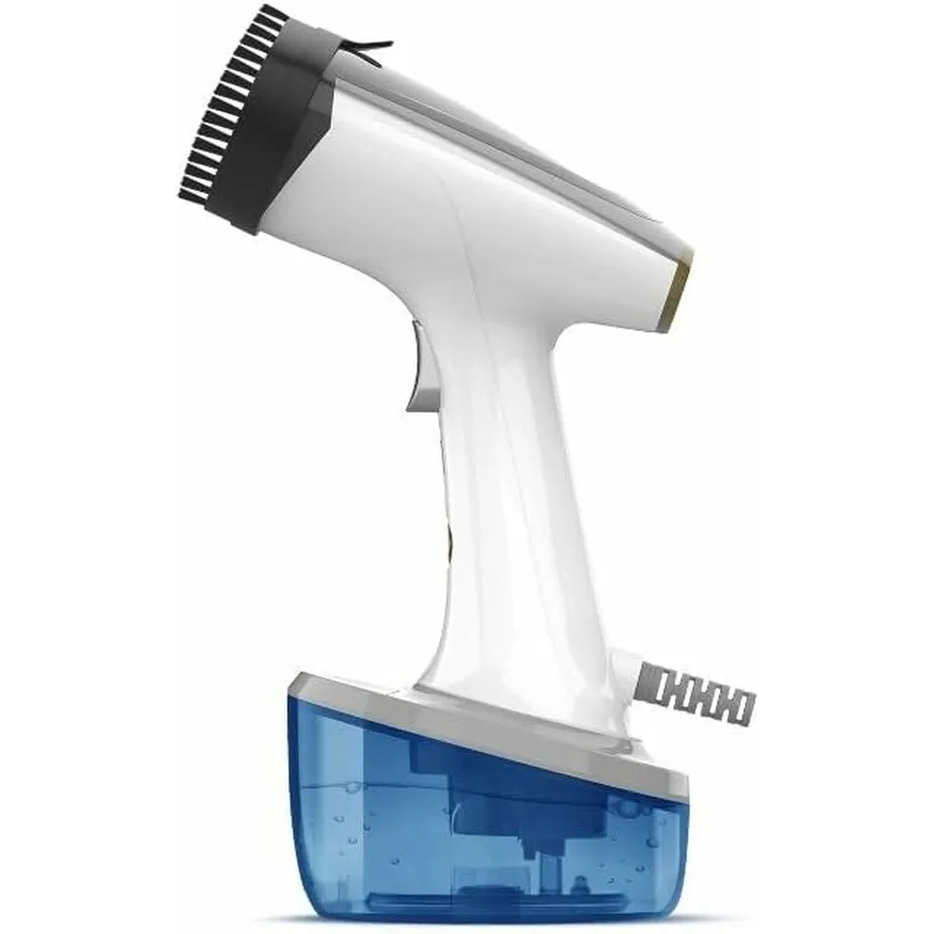 Ein weißer Handdampfreiniger mit blauem Wassertank und schwarzer Bürstenaufsatz.