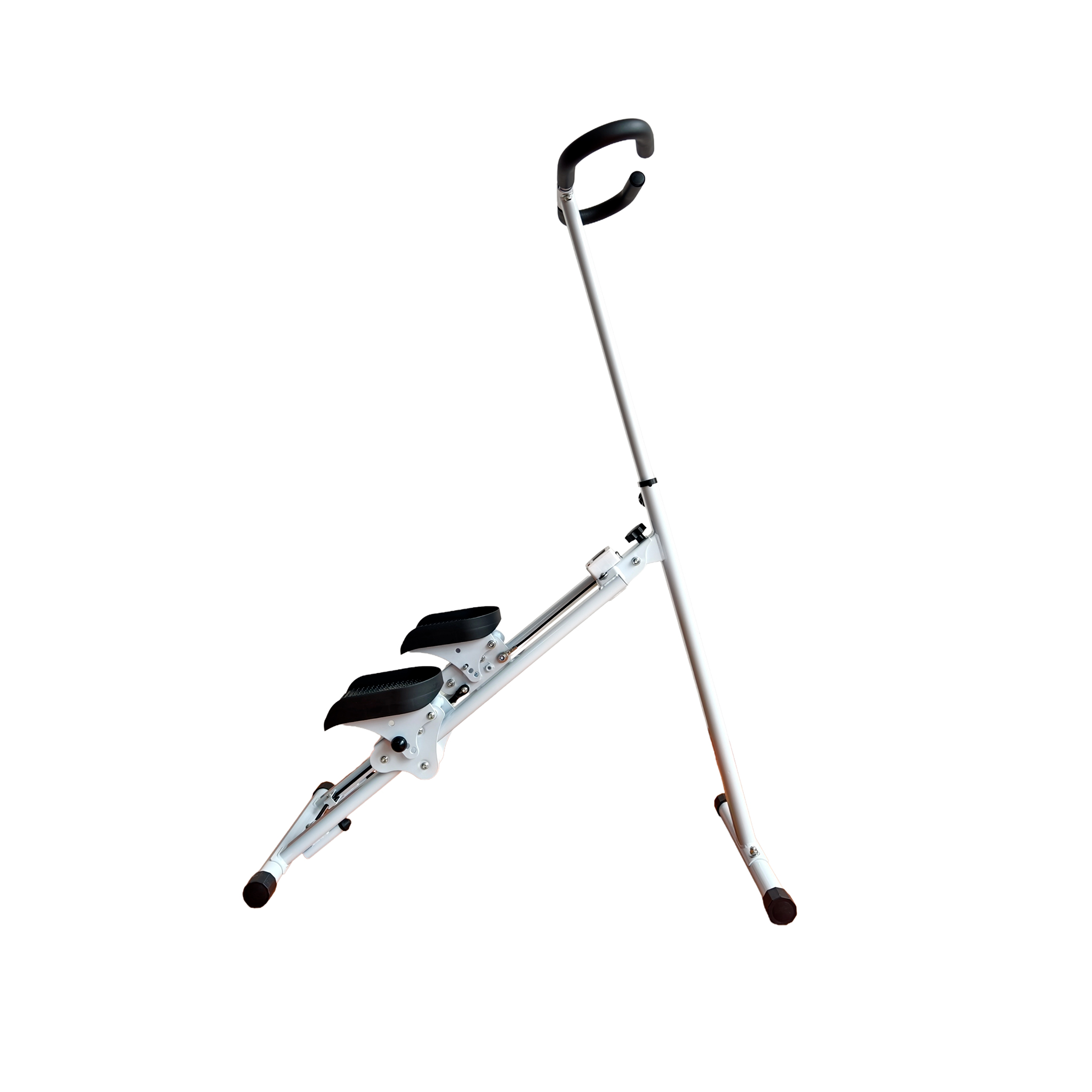 Ein weißer Stepper mit schwarzem Griff und schwarzen Trittflächen.