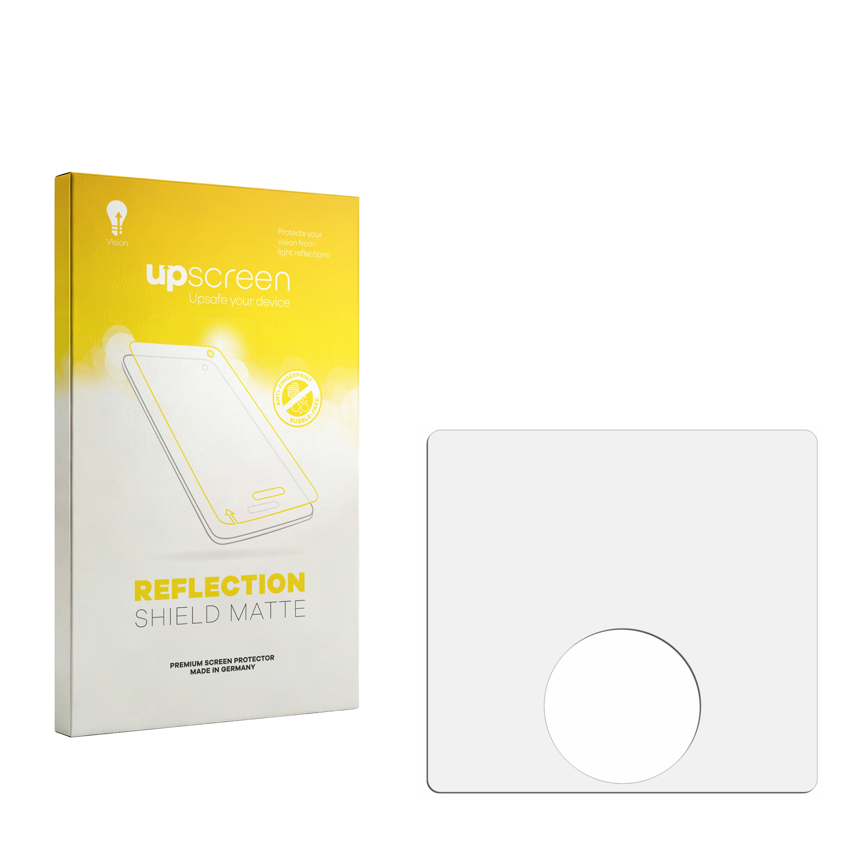 Gelbe Verpackung für Bildschirmschutz mit Handy-Grafik und weißem Schutz.
