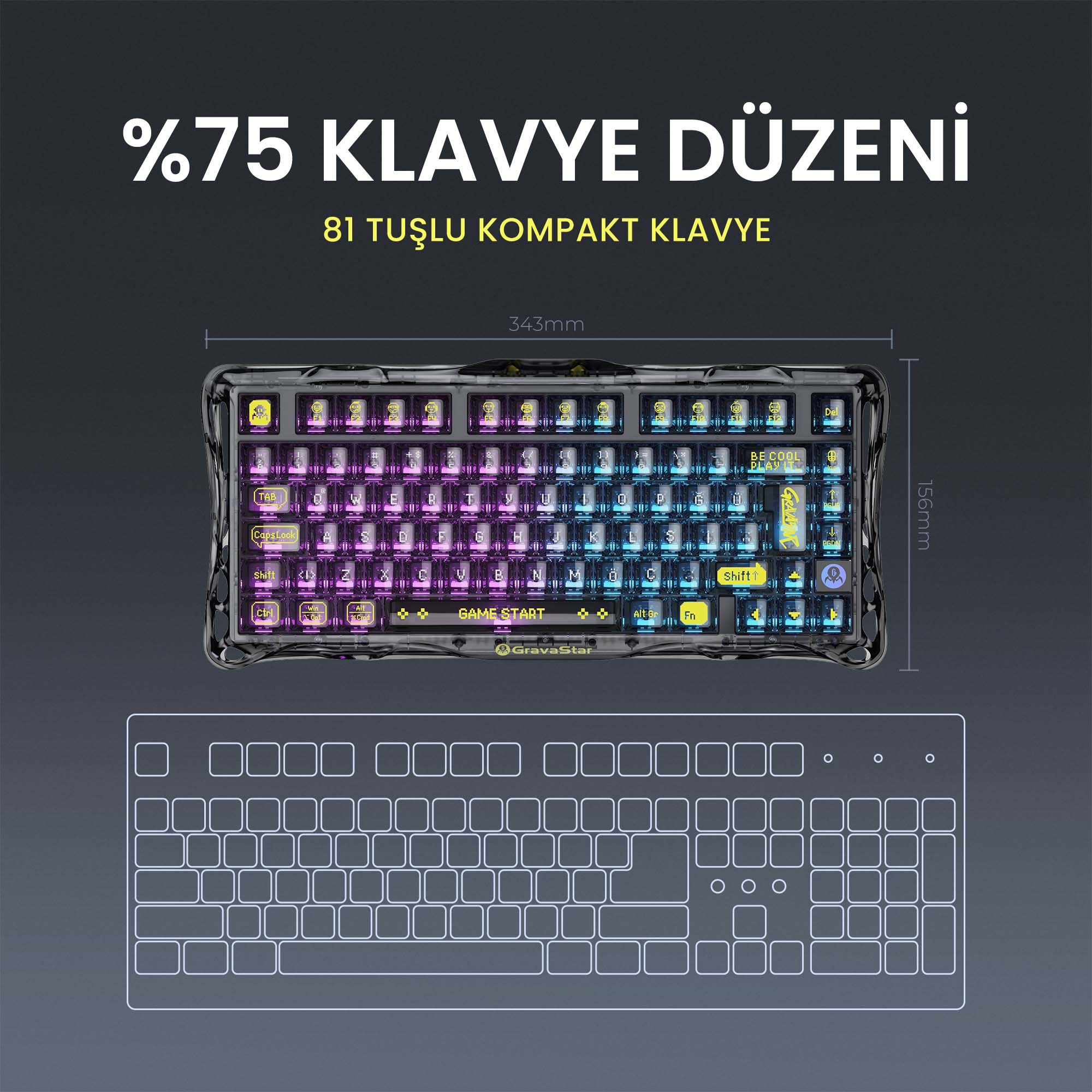 Mor ve mavi aydınlatmalı, 81 tuşlu %75 kompakt klavye.