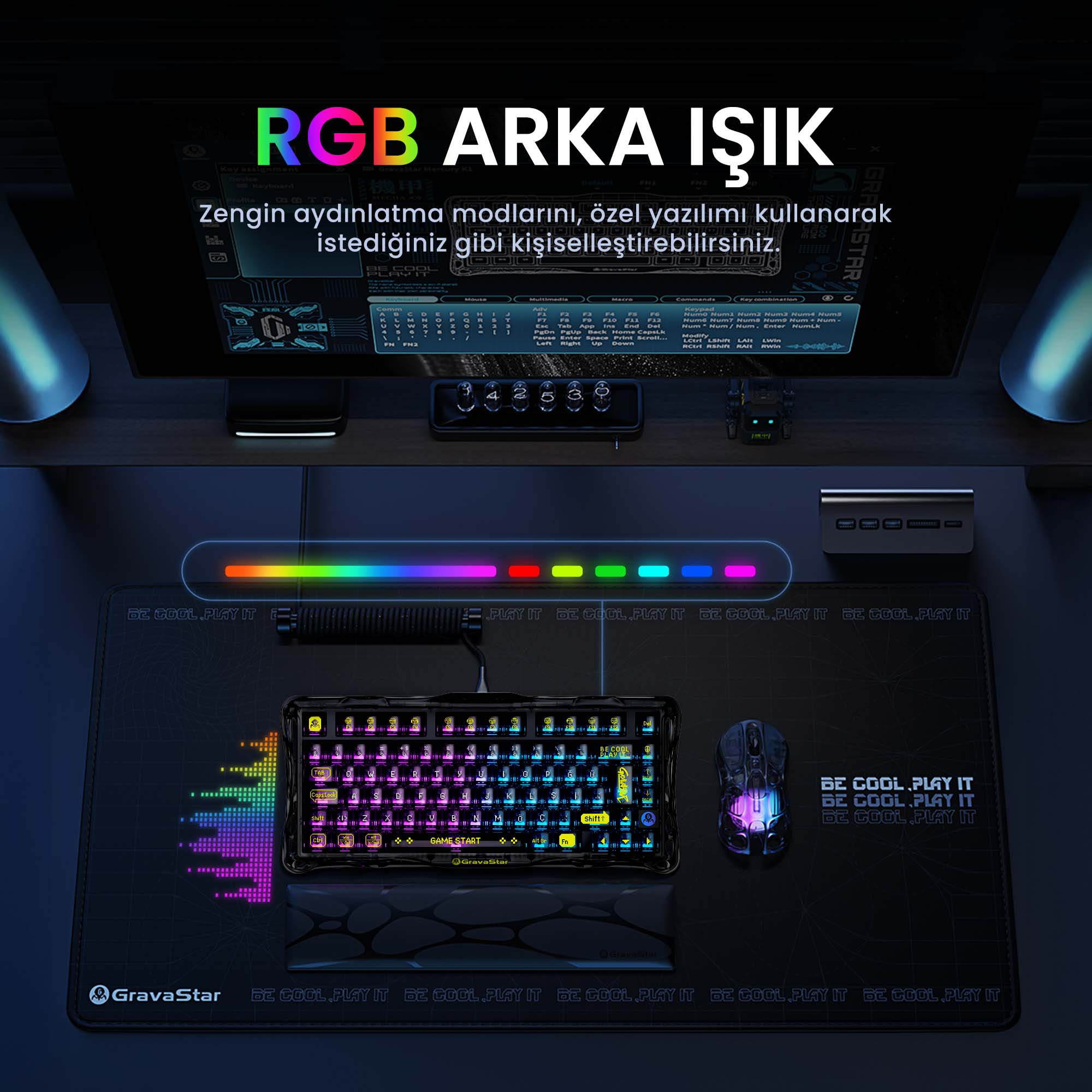 RGB ışık çubuğuna sahip siyah mat üzerinde aydınlatılmış klavye ve fare.