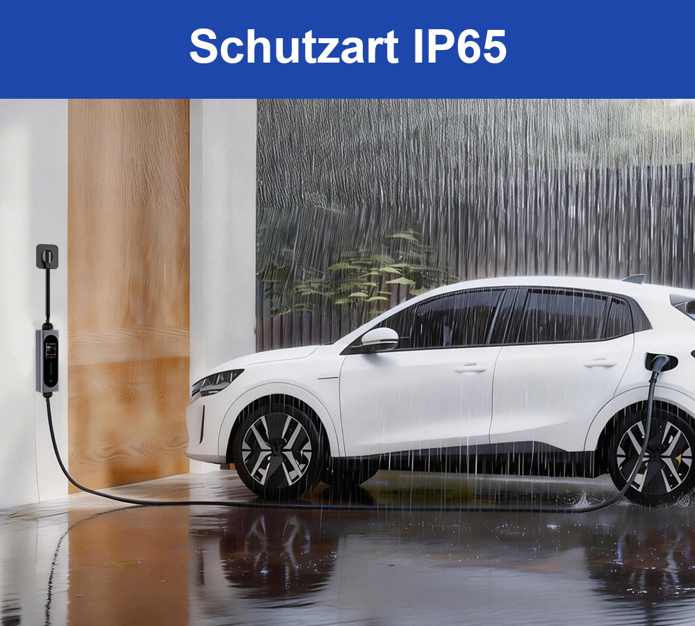 Ein weißes Elektroauto lädt im Regen, eine Ladestation hängt an einer Wand.