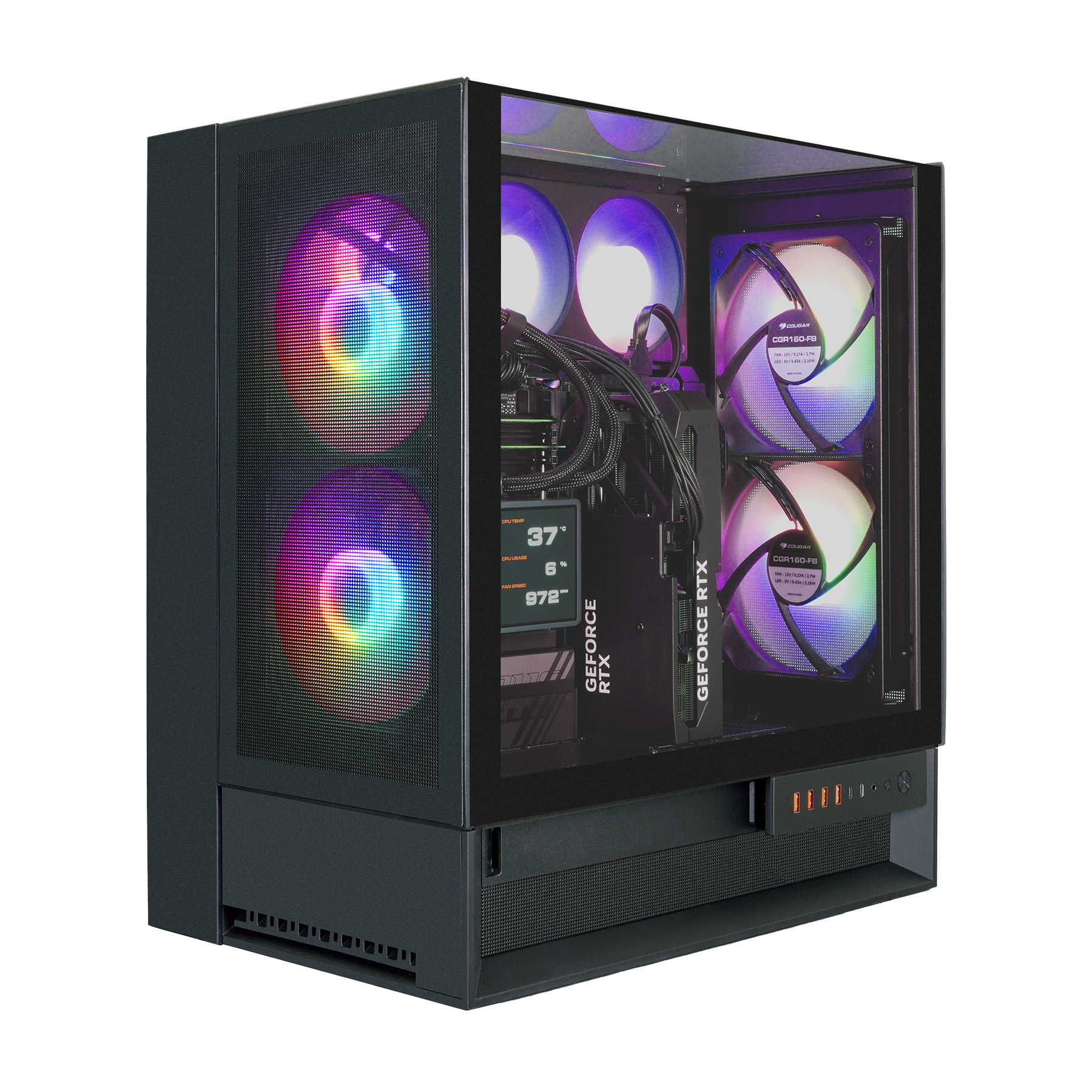 Ein schwarzer PC-Tower mit RGB-Lüftern und Sichtfenster. Links sind zwei Lüfter, rechts zwei. Die Grafikkarte ist sichtbar.