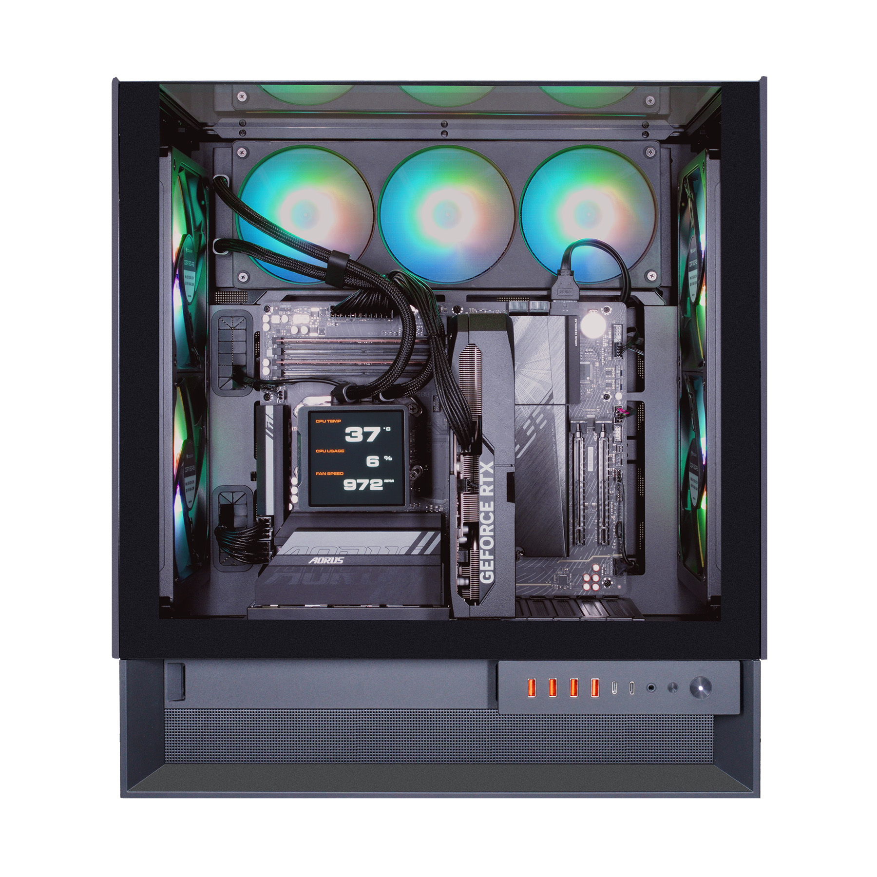 Innenansicht eines Computergehäuses mit RGB-Lüftern, Grafikkarte und kleinem Display.