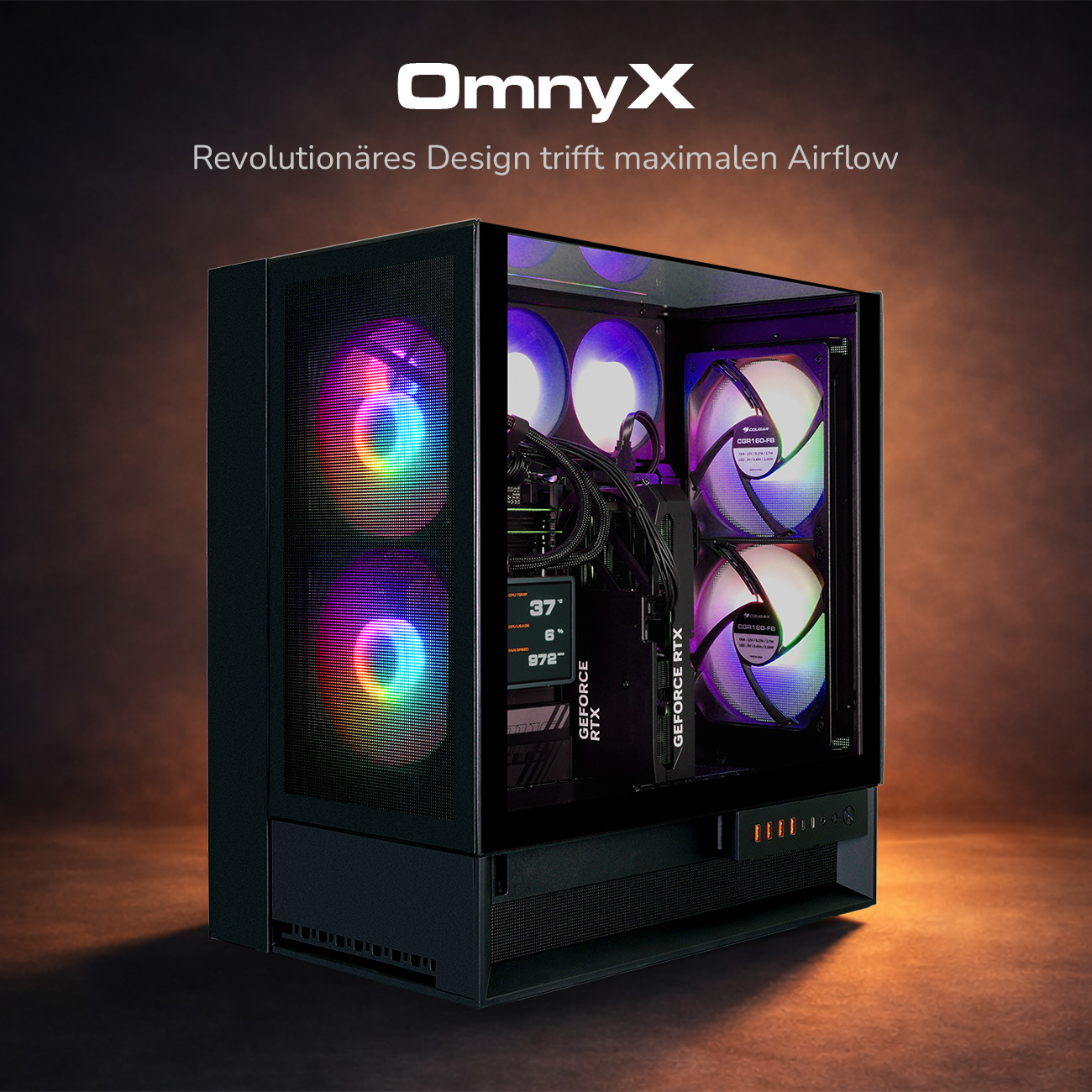 Ein schwarzer PC-Tower mit RGB-Lüftern und beleuchtetem "GEFORCE RTX"-Logo.