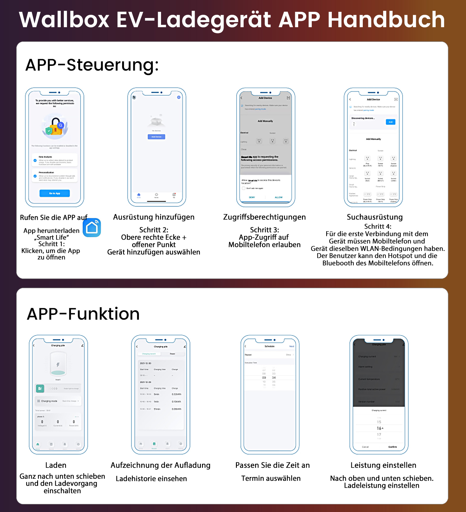 Handbuch zur Steuerung und Funktion von Wallbox-EV-Ladegeräten über eine App.
