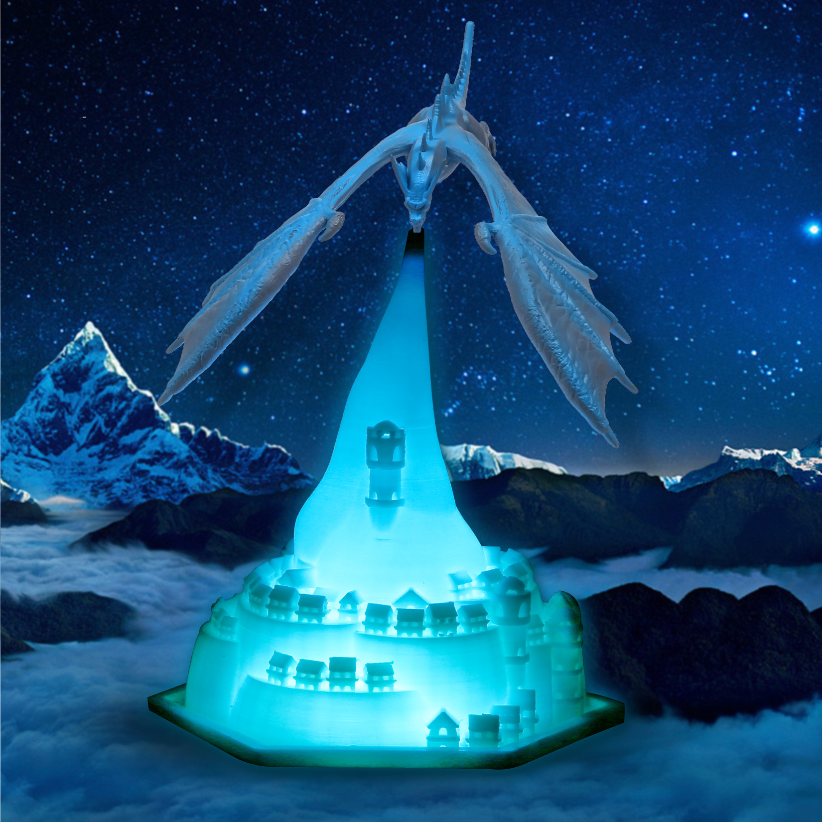 Eine weiße Drachenfigur fliegt über eine leuchtende blaue Stadt in den Wolken.