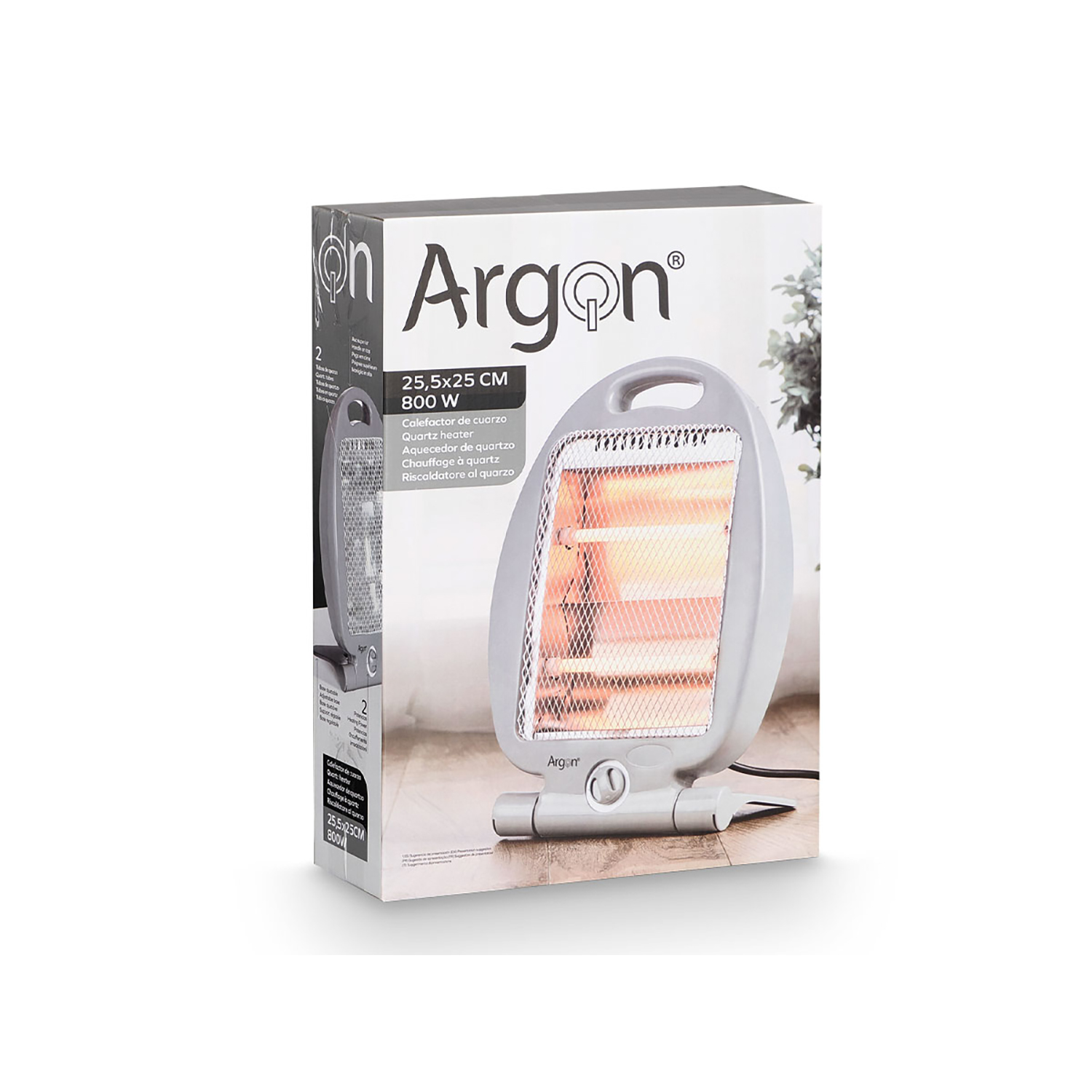 Una stufetta al quarzo Argon bianca con manico e tre elementi riscaldanti su pavimento in legno.