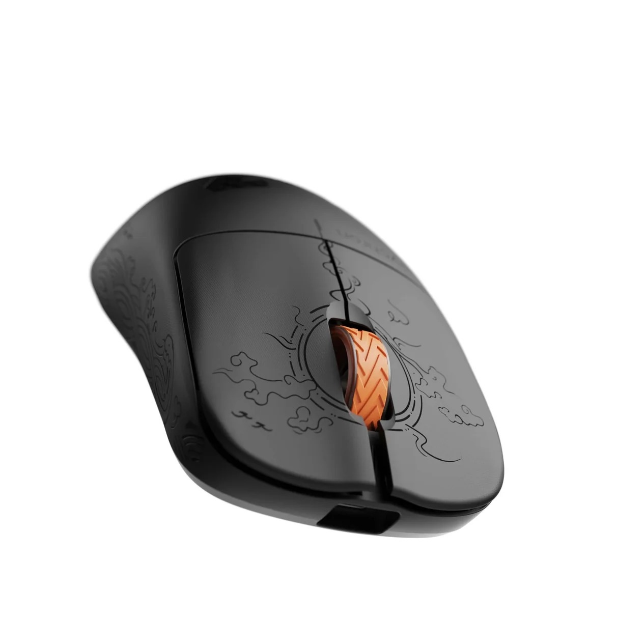Ratón negro con rueda naranja y patrones de nubes asiáticas.