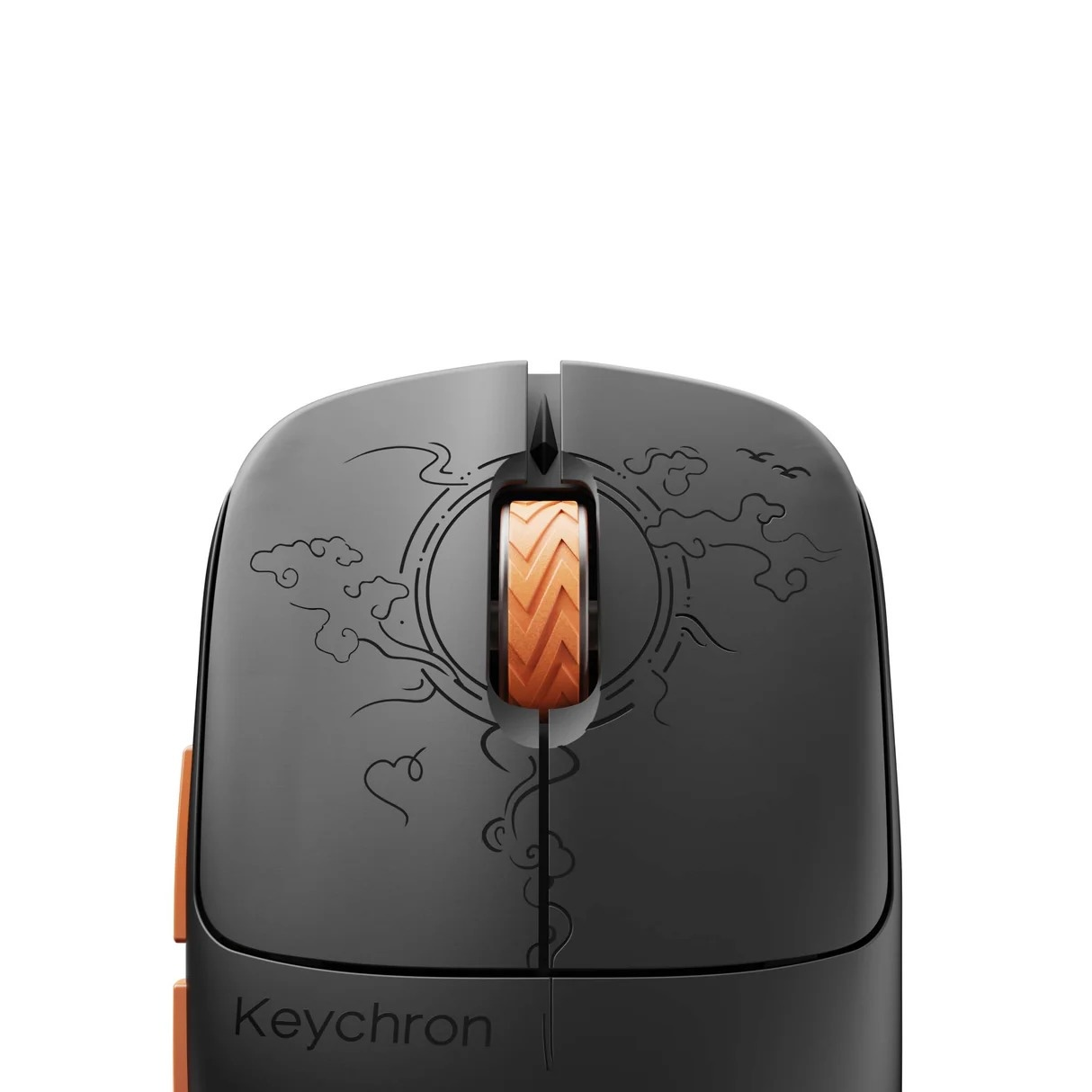 Ratón gris con rueda naranja y diseño de nubes. Logo Keychron abajo.