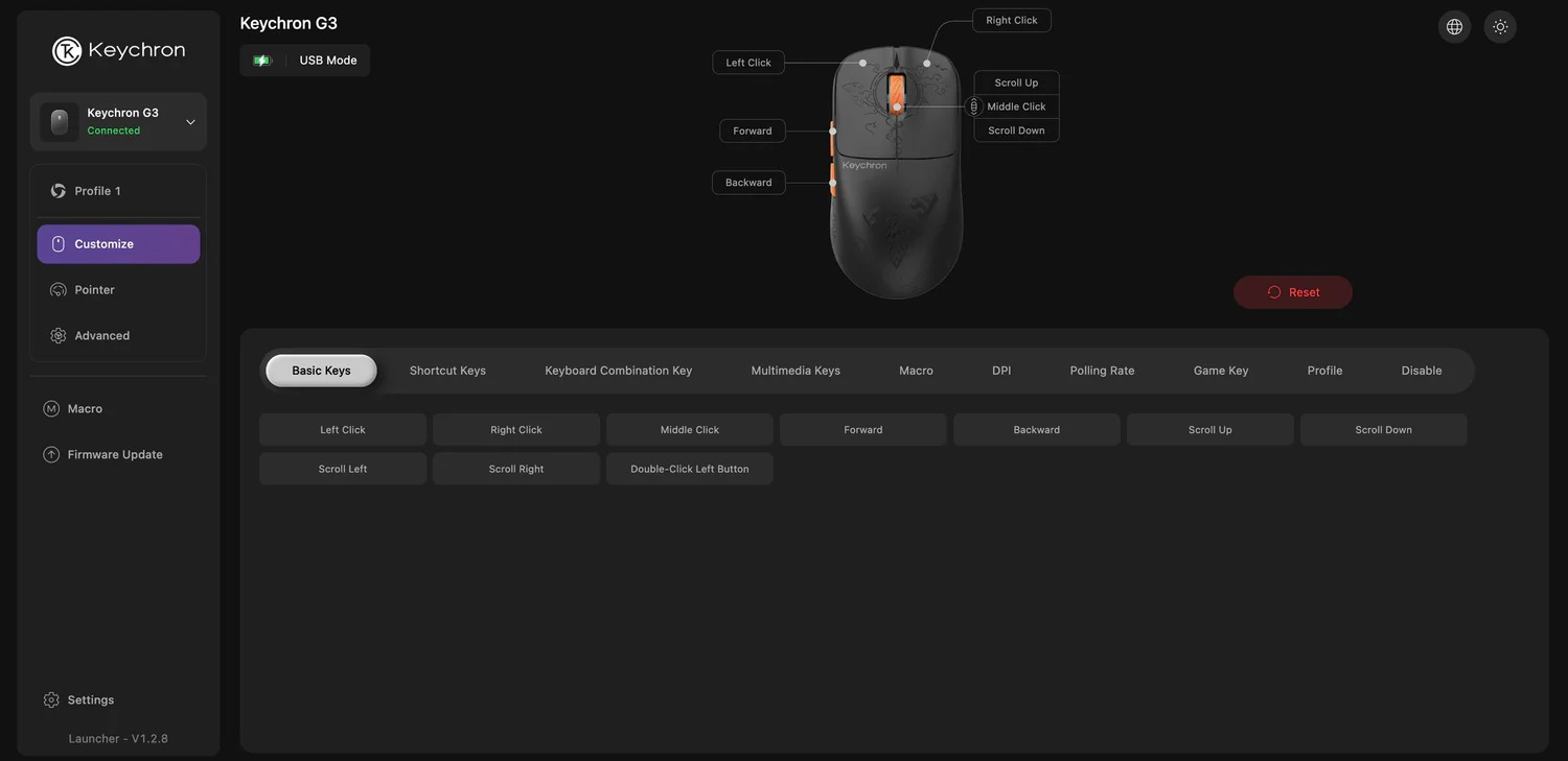 Software del ratón Keychron G3 muestra teclas básicas, imagen del ratón.