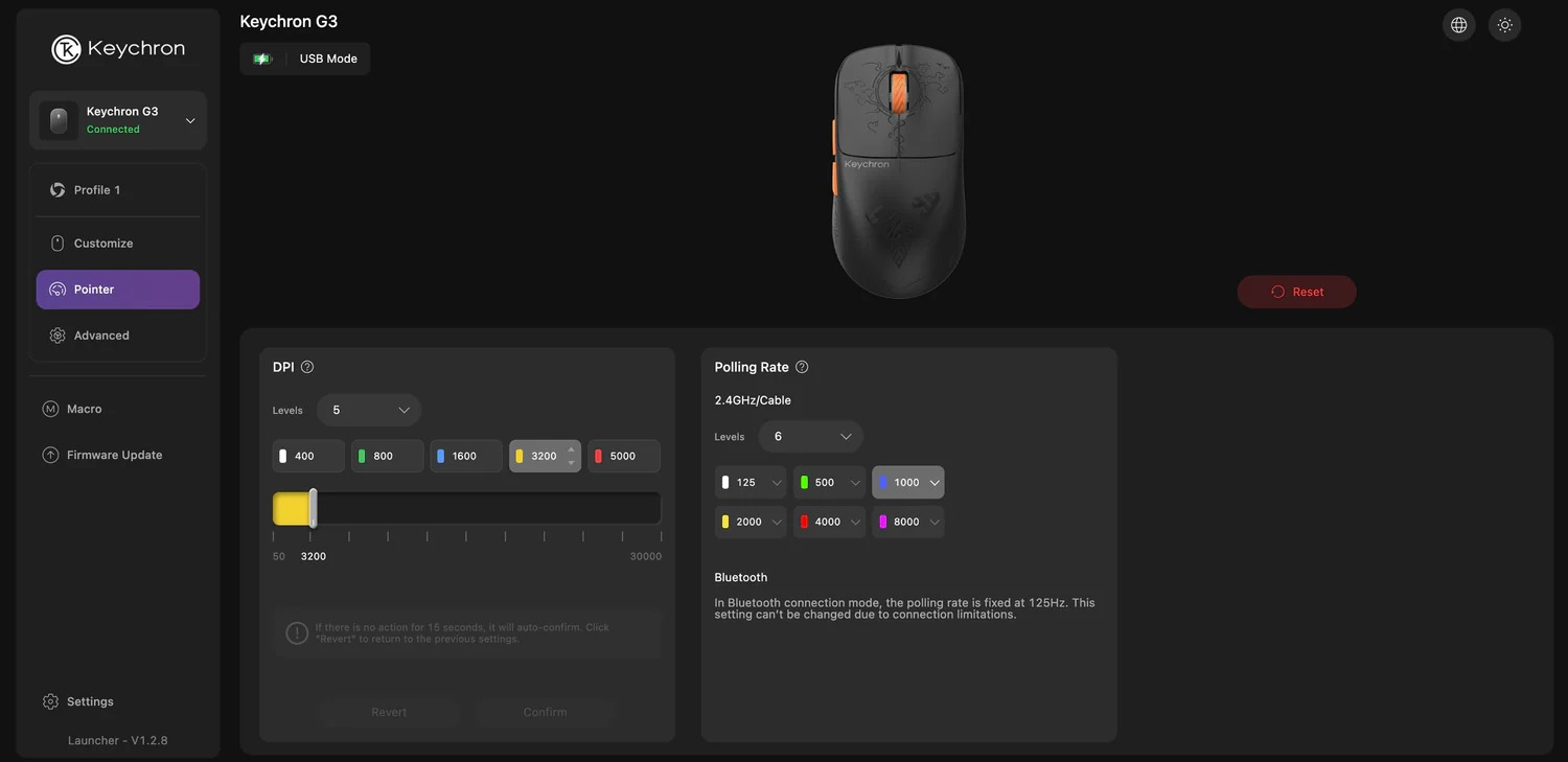 Configuración del ratón Keychron G3 con opciones de DPI y tasa de sondeo.