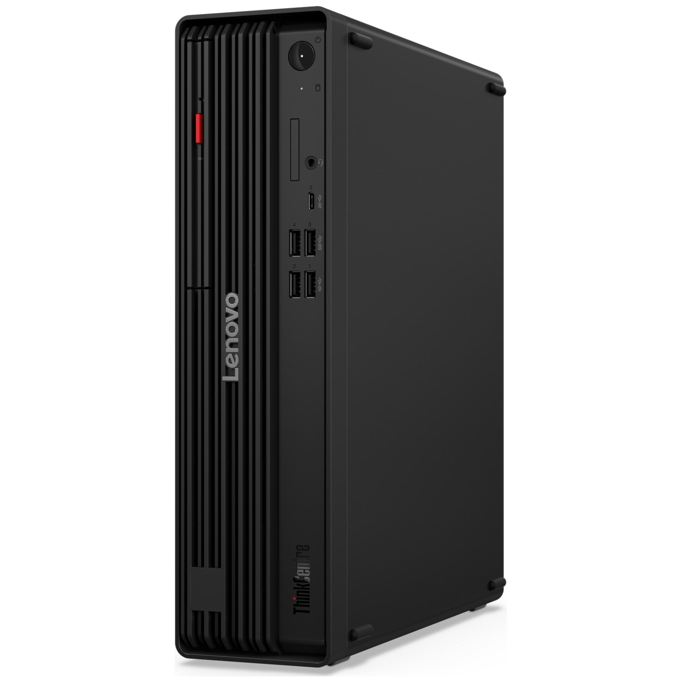 Un ordinateur de bureau Lenovo ThinkCentre noir avec une grille verticale et des ports sur le côté.