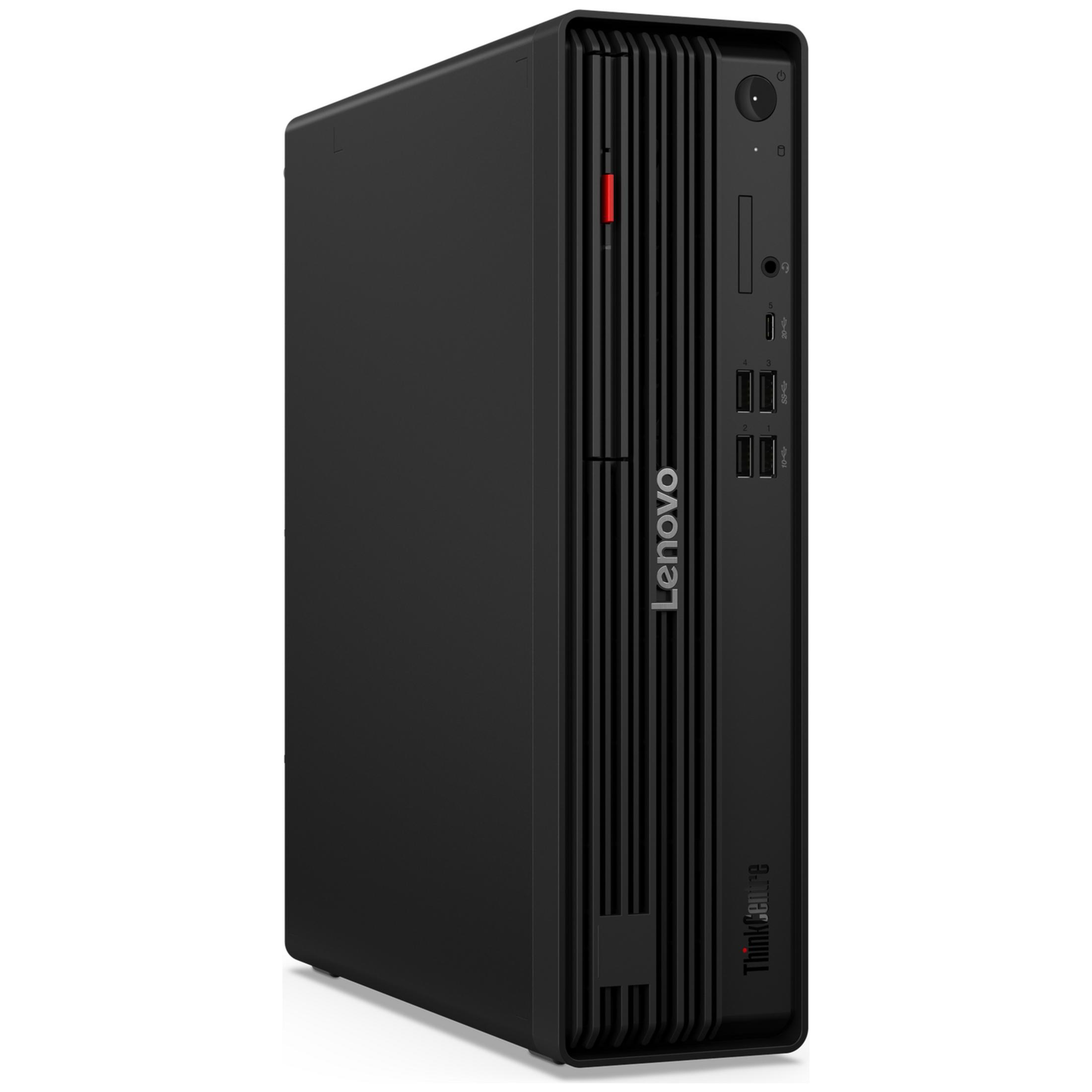 PC de bureau Lenovo ThinkCentre noir avec aérations verticales et ports à l'avant.
