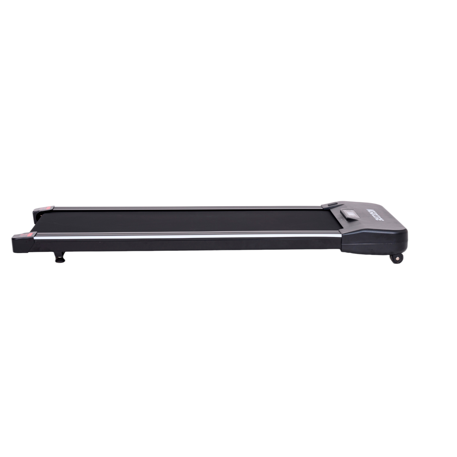 Schwarzer Laufband mit Display und Rädern, flaches Design
