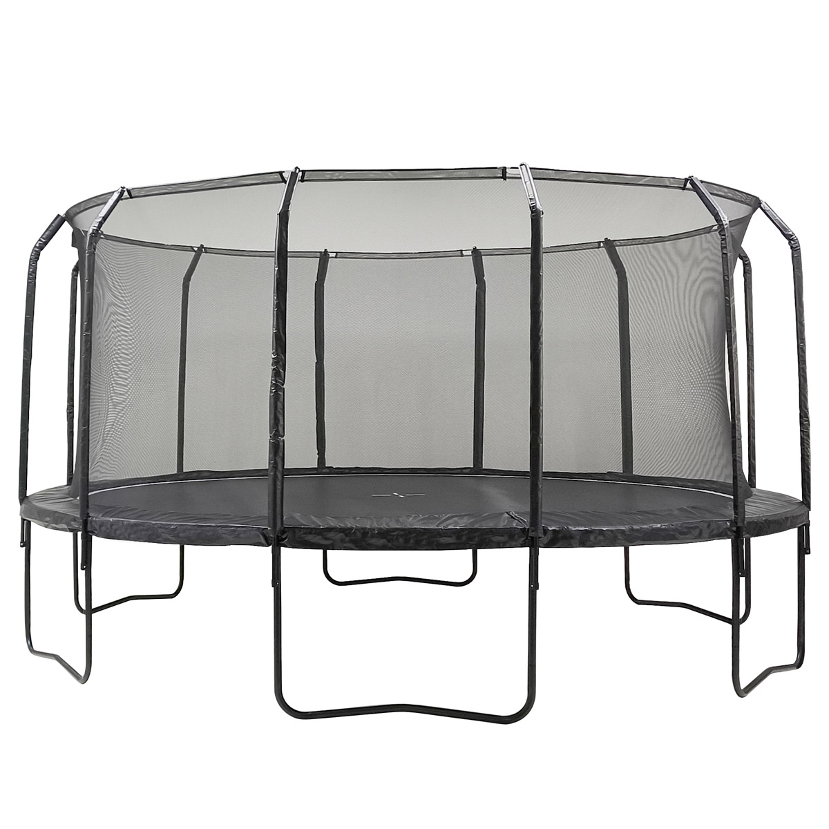 Ein rechteckiges Trampolin mit schwarzem Sprungtuch, Sicherheitsnetz und Metallrahmen.