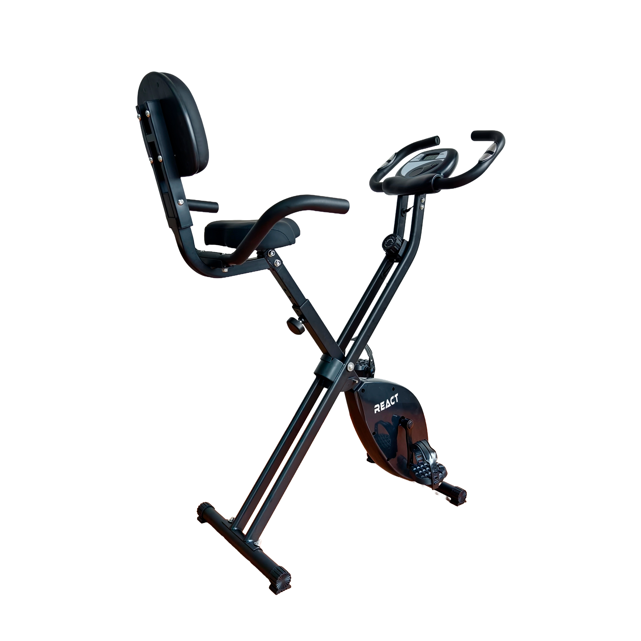 Ein schwarzes, zusammenklappbares Heimtrainerfahrrad mit Rückenlehne und Display.