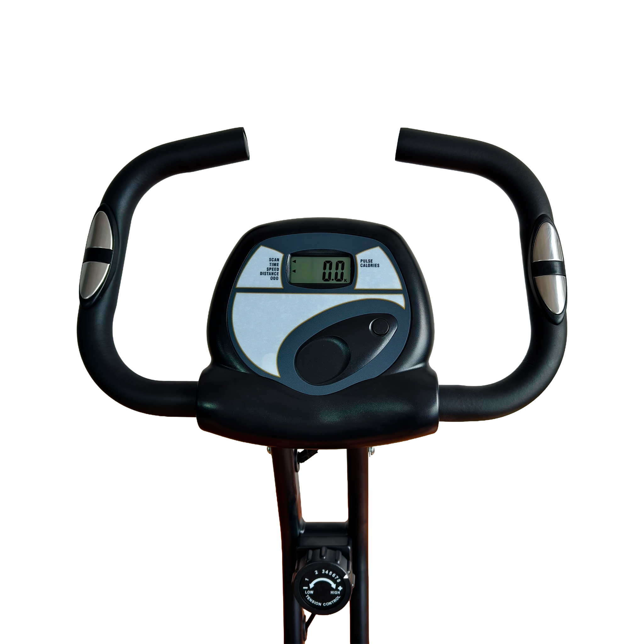 Fahrradcomputer mit Griffen, digitaler Anzeige und Spannungseinstellung.