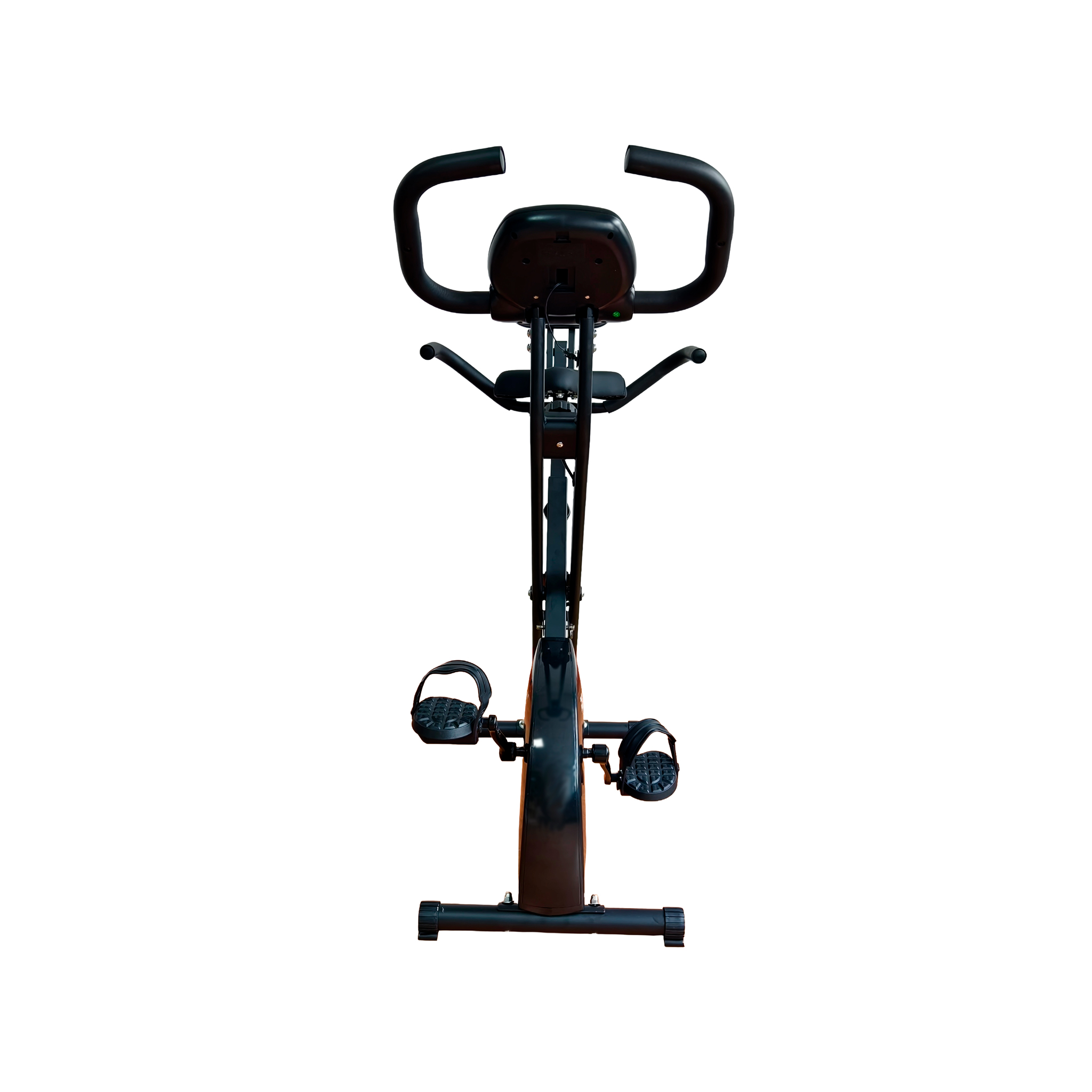 Ein schwarzes Heimtrainerfahrrad mit orangefarbenen Akzenten, von vorne gesehen.
