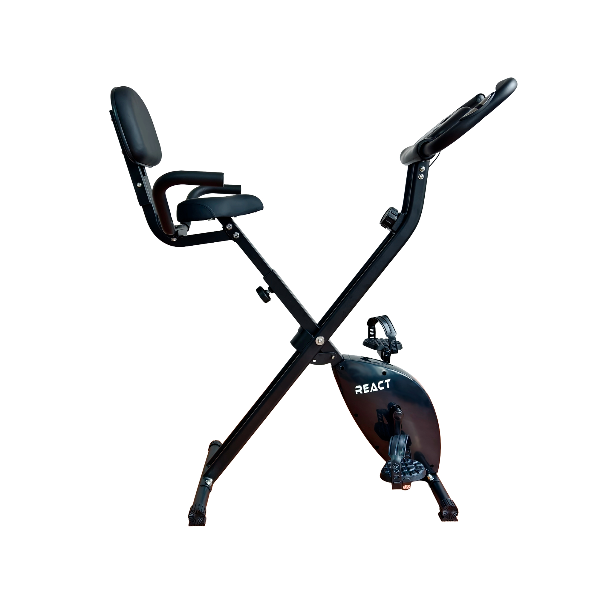 Ein schwarzes, faltbares Heimtrainer-Fahrrad mit Sitz und Rückenlehne.