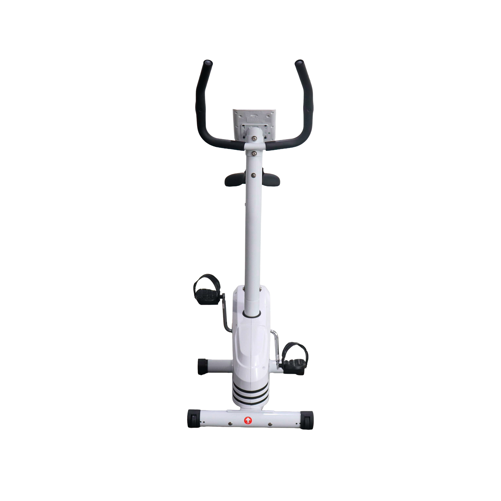 Ein weißes Heimtrainerfahrrad mit schwarzen Griffen und Pedalen auf weißem Hintergrund.
