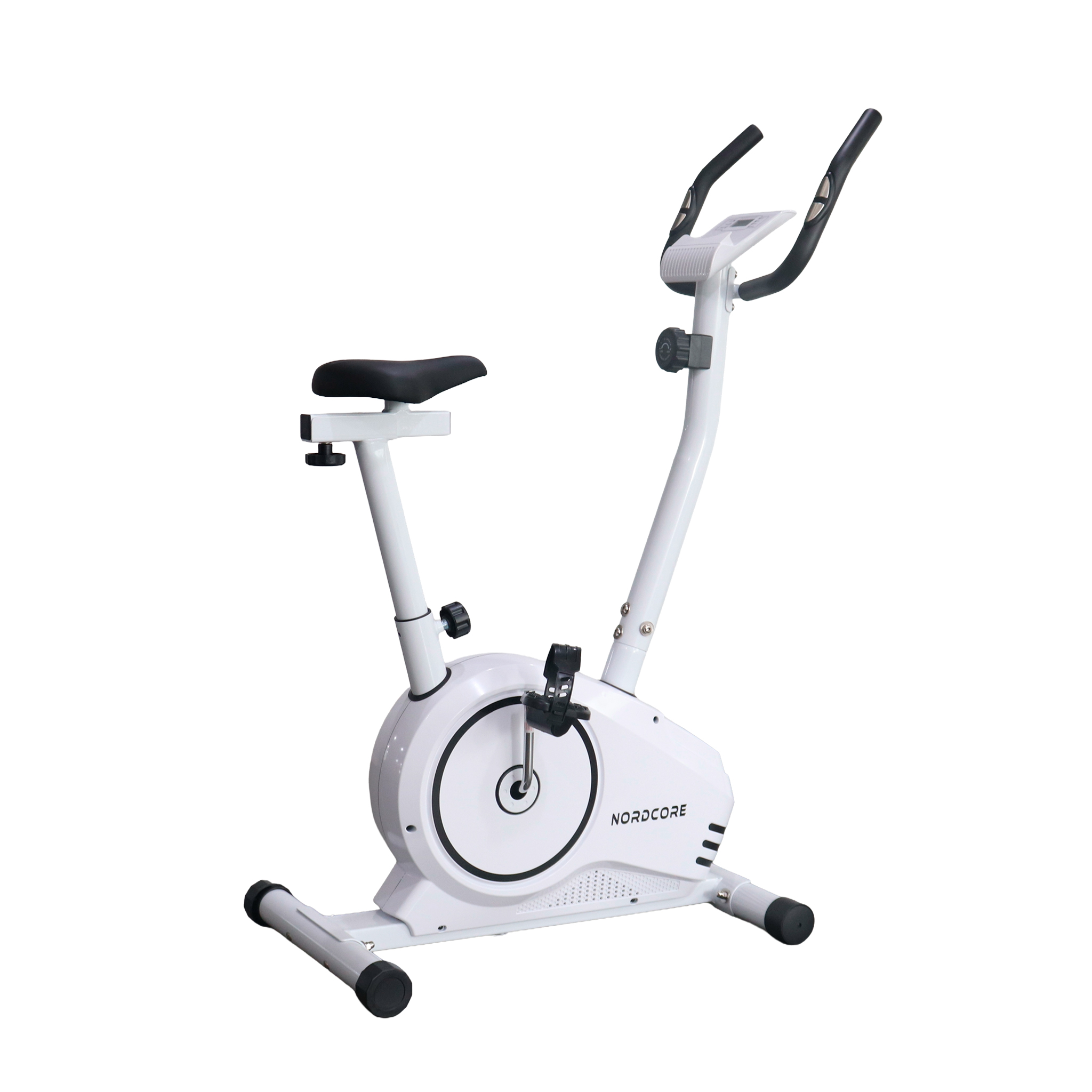Ein weißes Indoor-Fahrrad mit schwarzem Sitz und Griffen.