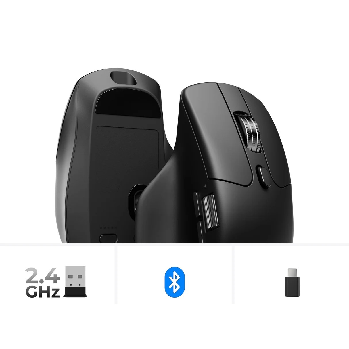 Yan yana duran iki siyah bilgisayar faresi. Altta 2,4 GHz, Bluetooth ve USB simgeleri.
