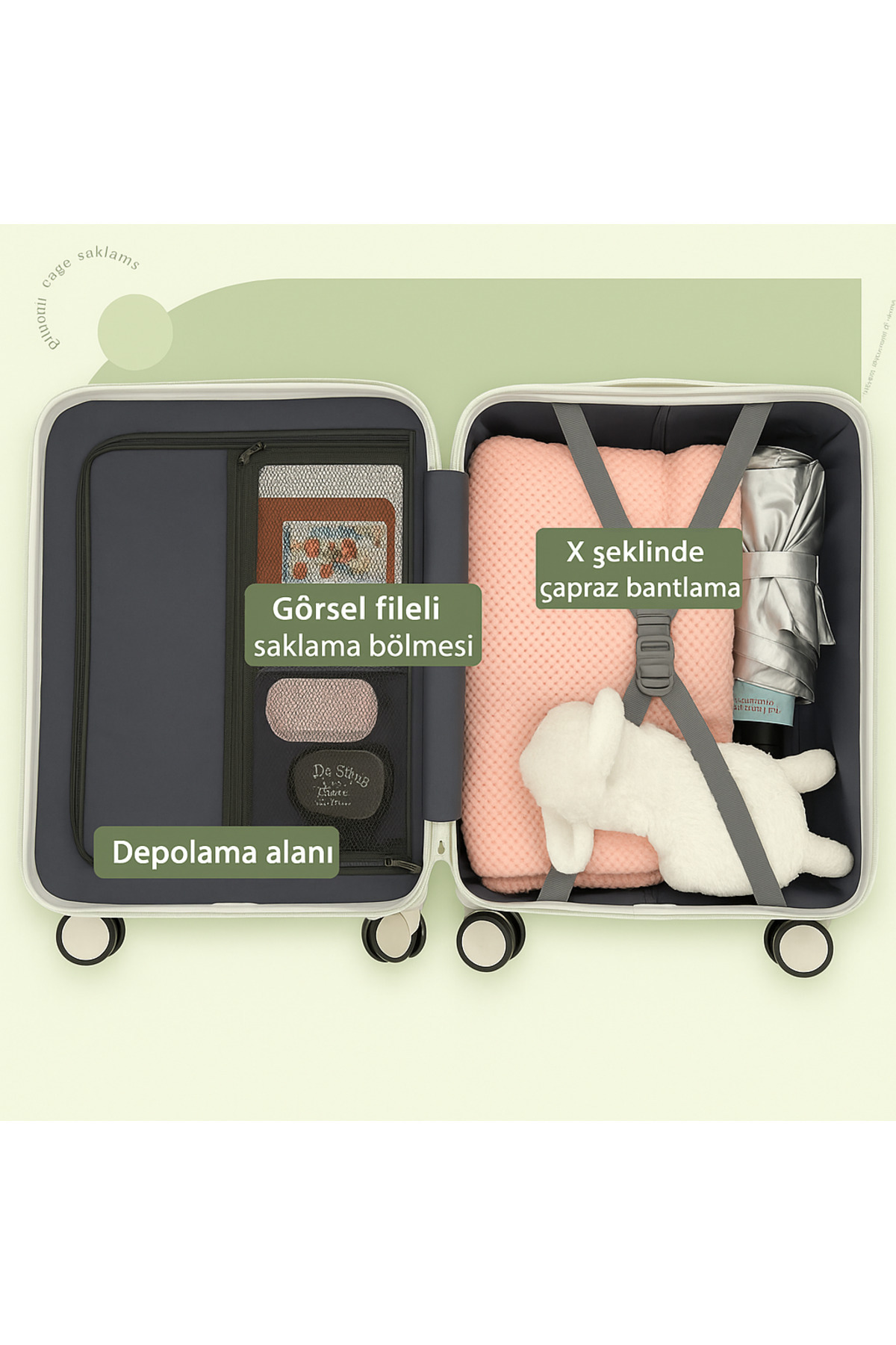 Pembe yastık, beyaz peluş oyuncak ve şemsiye içeren açık valiz.