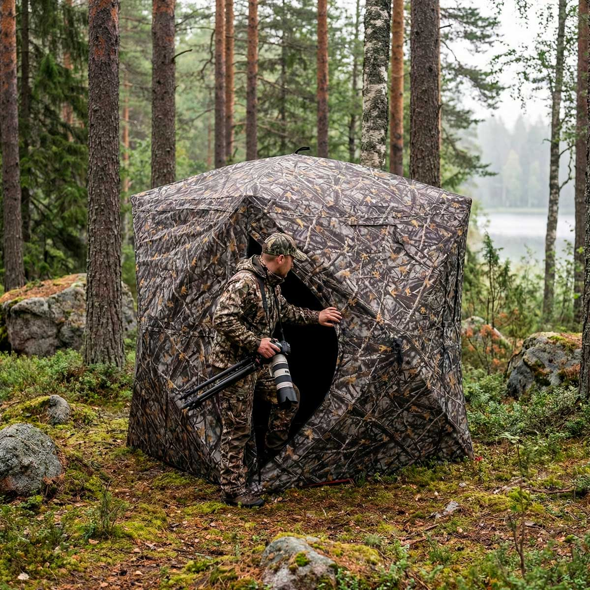 Ein Mann in Tarnkleidung steht vor einem Tarnzelt im Wald und hält eine Kamera.