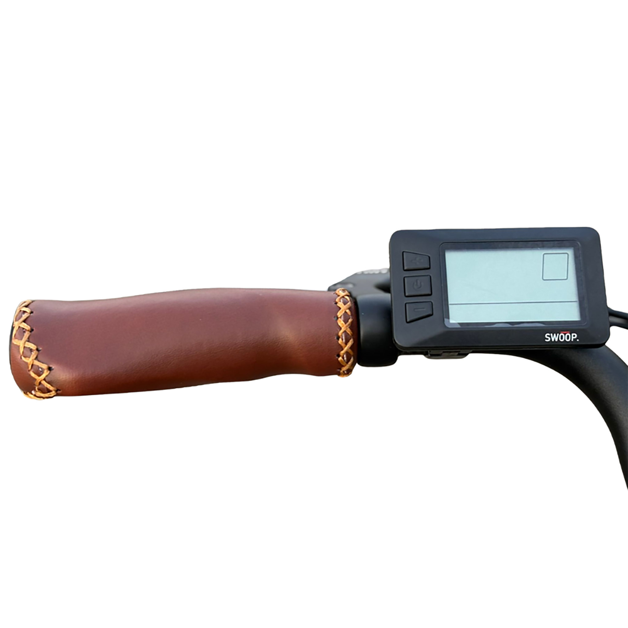 Brauner Leder-Fahrradgriff mit Nähten und Digitalanzeige mit Tasten.